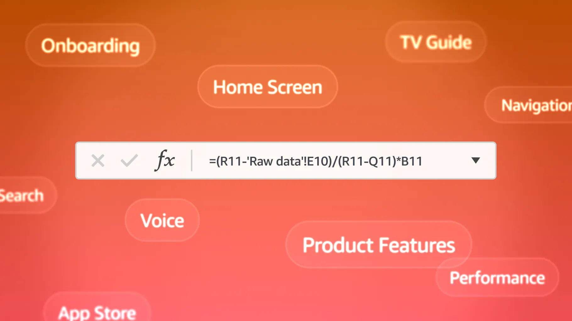 A spreadsheet formula among the nine research categories, from Onboarding to App Store, on an orange background
