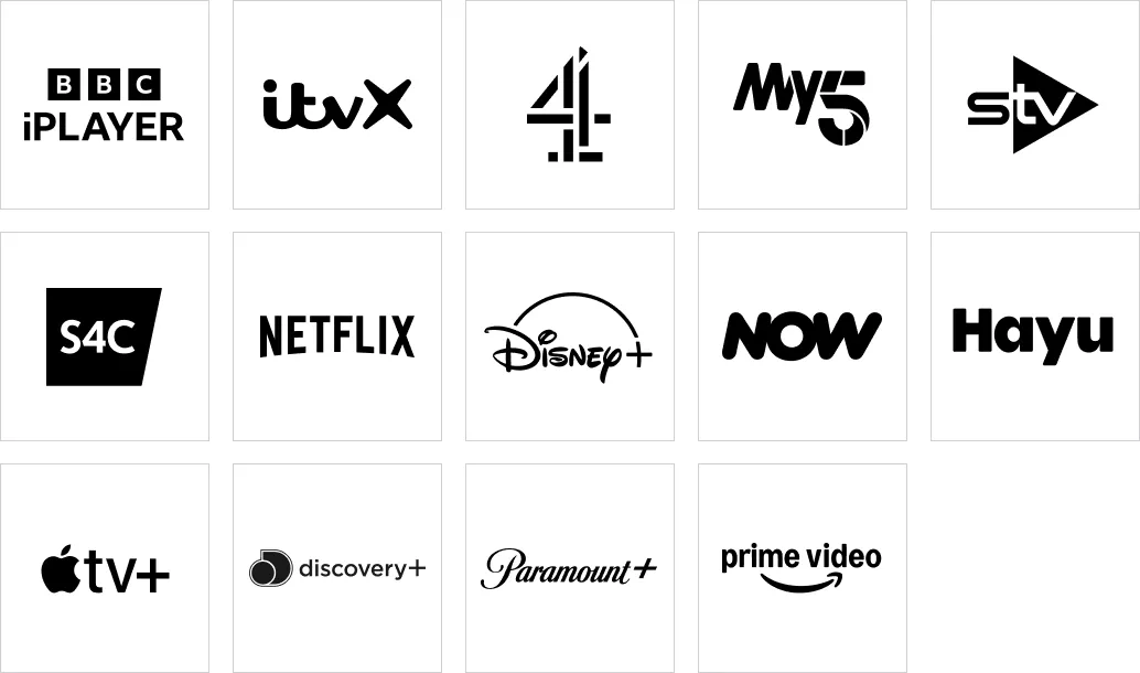 Logos of the streaming services tested: BBC iPlayer, ITVX, Channel 4, My5, STV, S4C, Netflix, Disney+, NOW, Hayu, Apple TV+, discovery+, Paramount+ and Prime Video