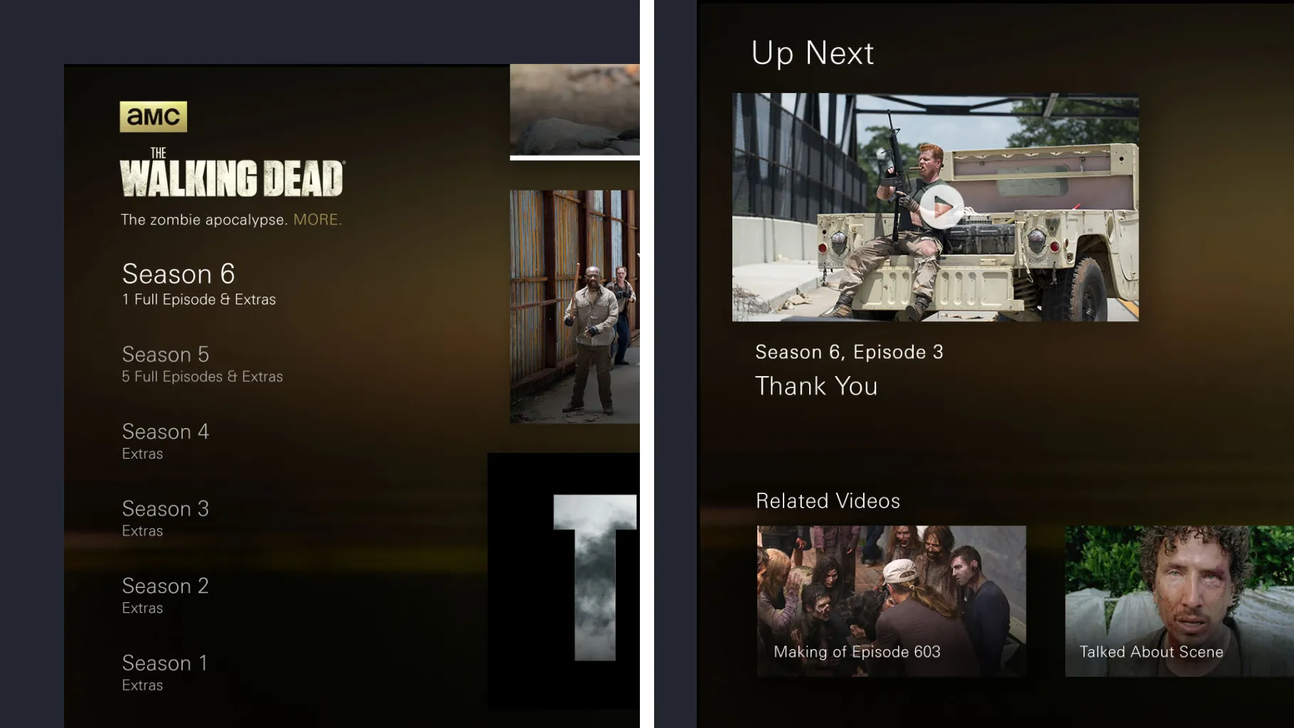 The AMC app’s season list for The Walking Dead, beside an Up Next screen with related videos