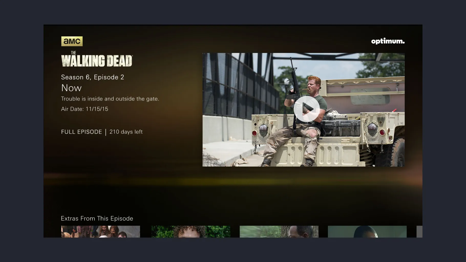 The AMC TV app’s episode page for The Walking Dead season 6, episode 2, with extras below