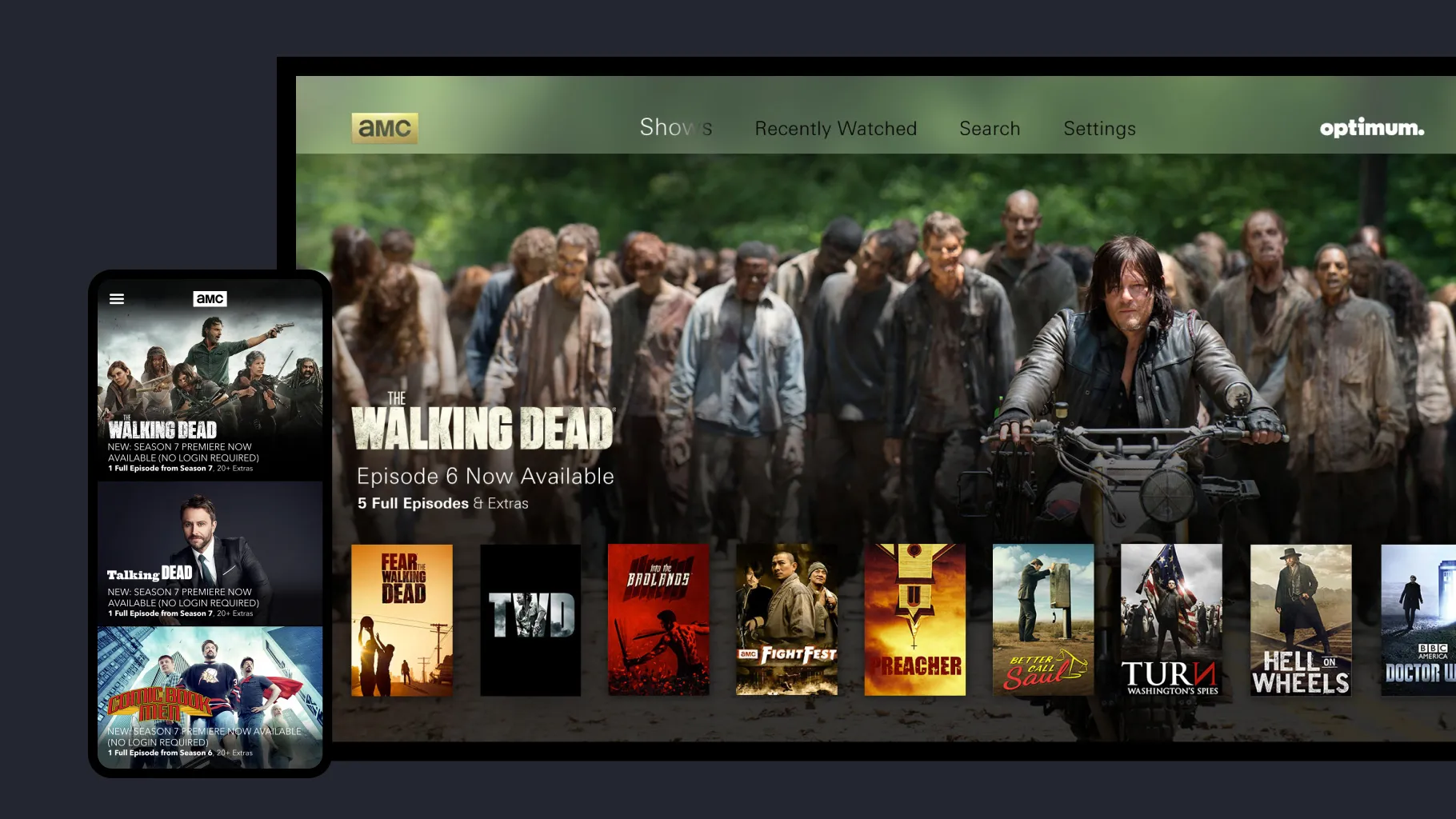 The AMC app on a TV and a phone, featuring The Walking Dead above a row of AMC shows