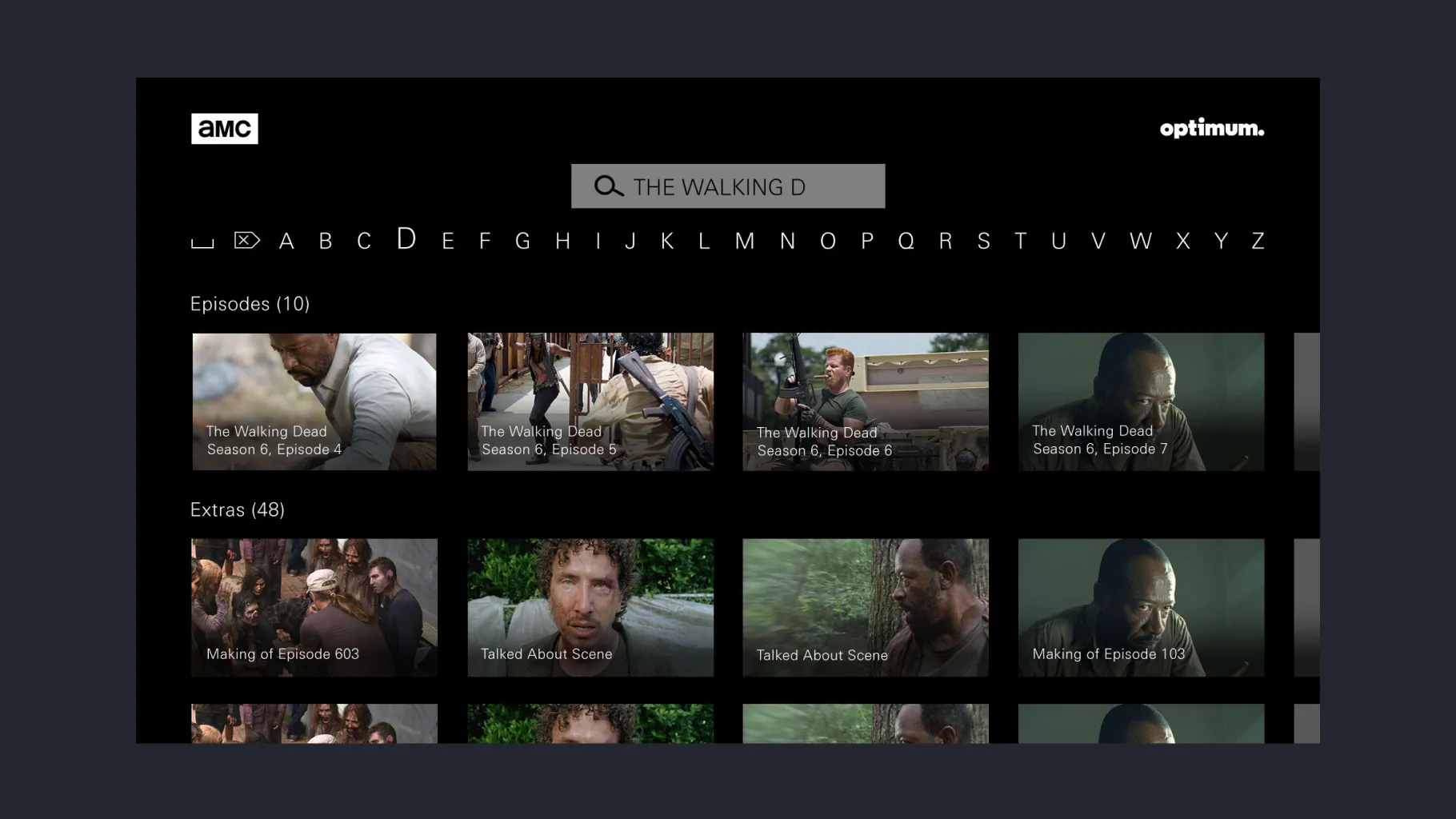 The AMC TV app’s search, with The Walking Dead typed and rows of episodes and extras