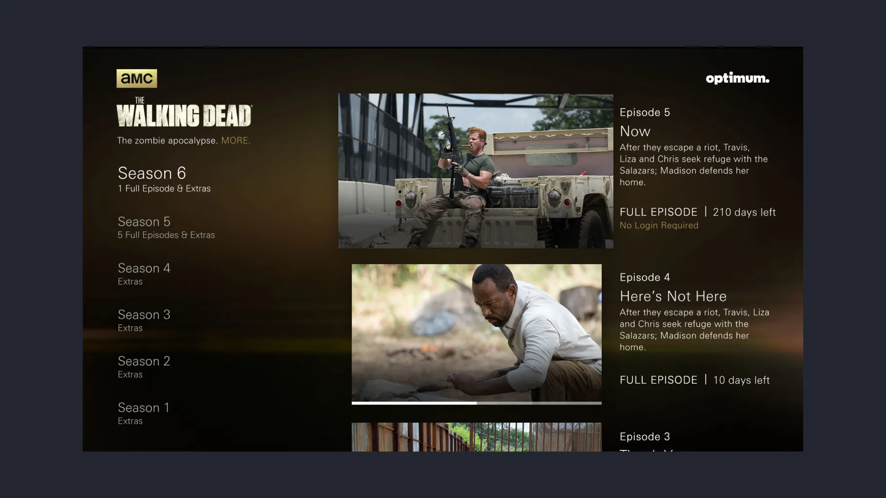 The AMC TV app’s The Walking Dead page, with seasons listed on the left and full episodes on the right