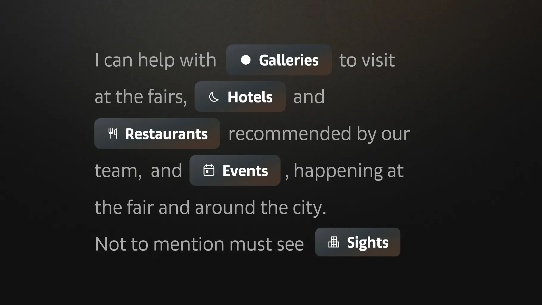 The Companion’s greeting: I can help with galleries to visit at the fairs, hotels and restaurants recommended by our team, and events, happening at the fair and around the city. Not to mention must see sights