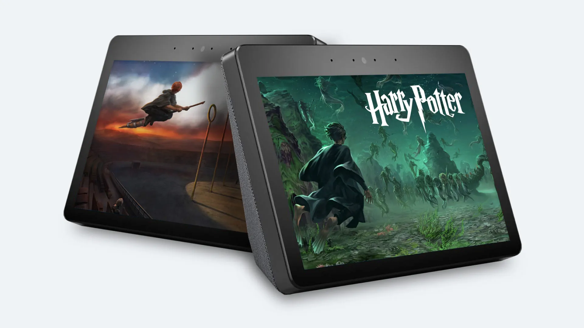 Two Echo Show devices showing the quiz’s custom Harry Potter graphics