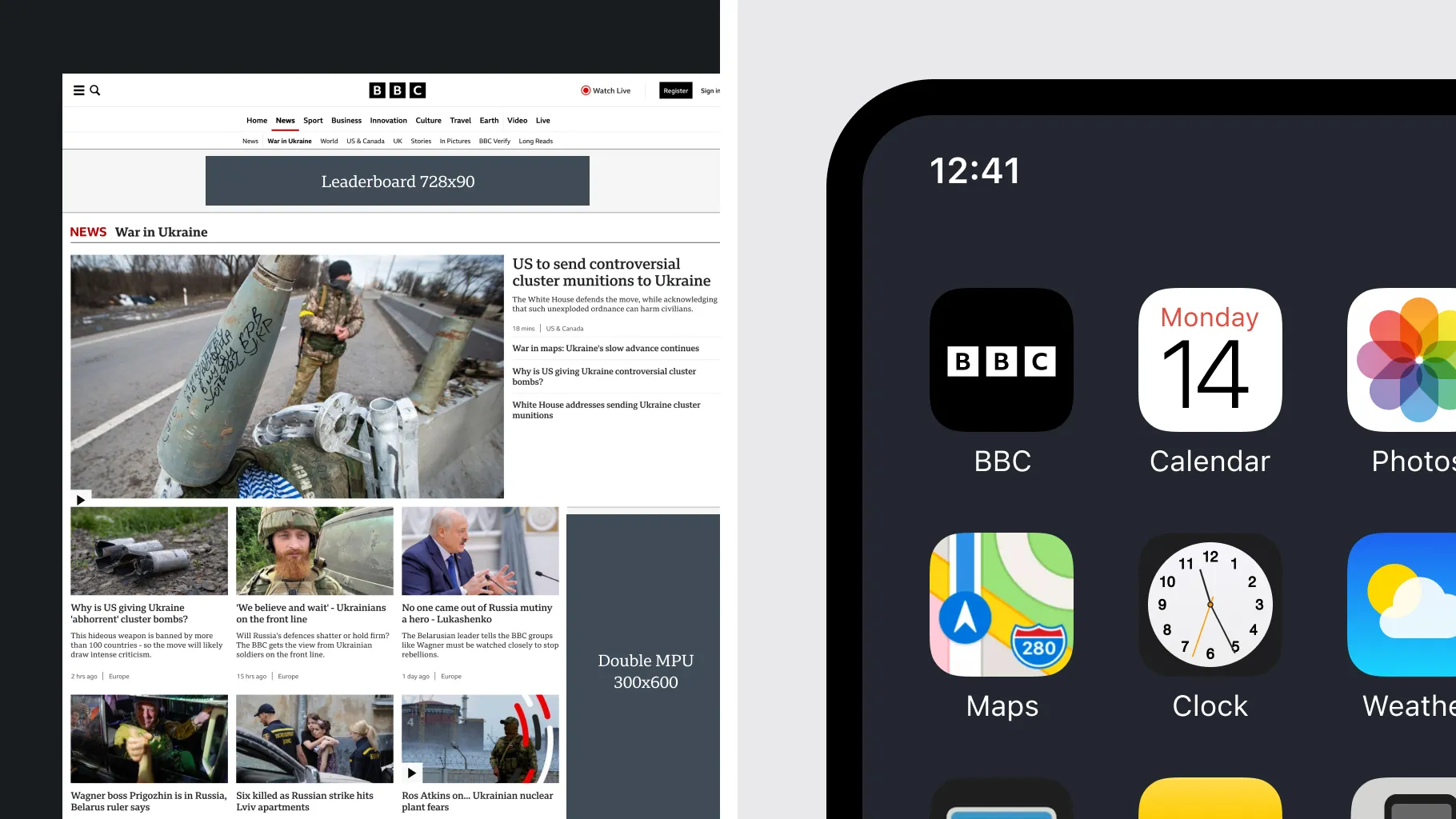 A BBC.com news page with its leaderboard and double MPU advertising positions marked, beside the BBC app on an iPhone home screen