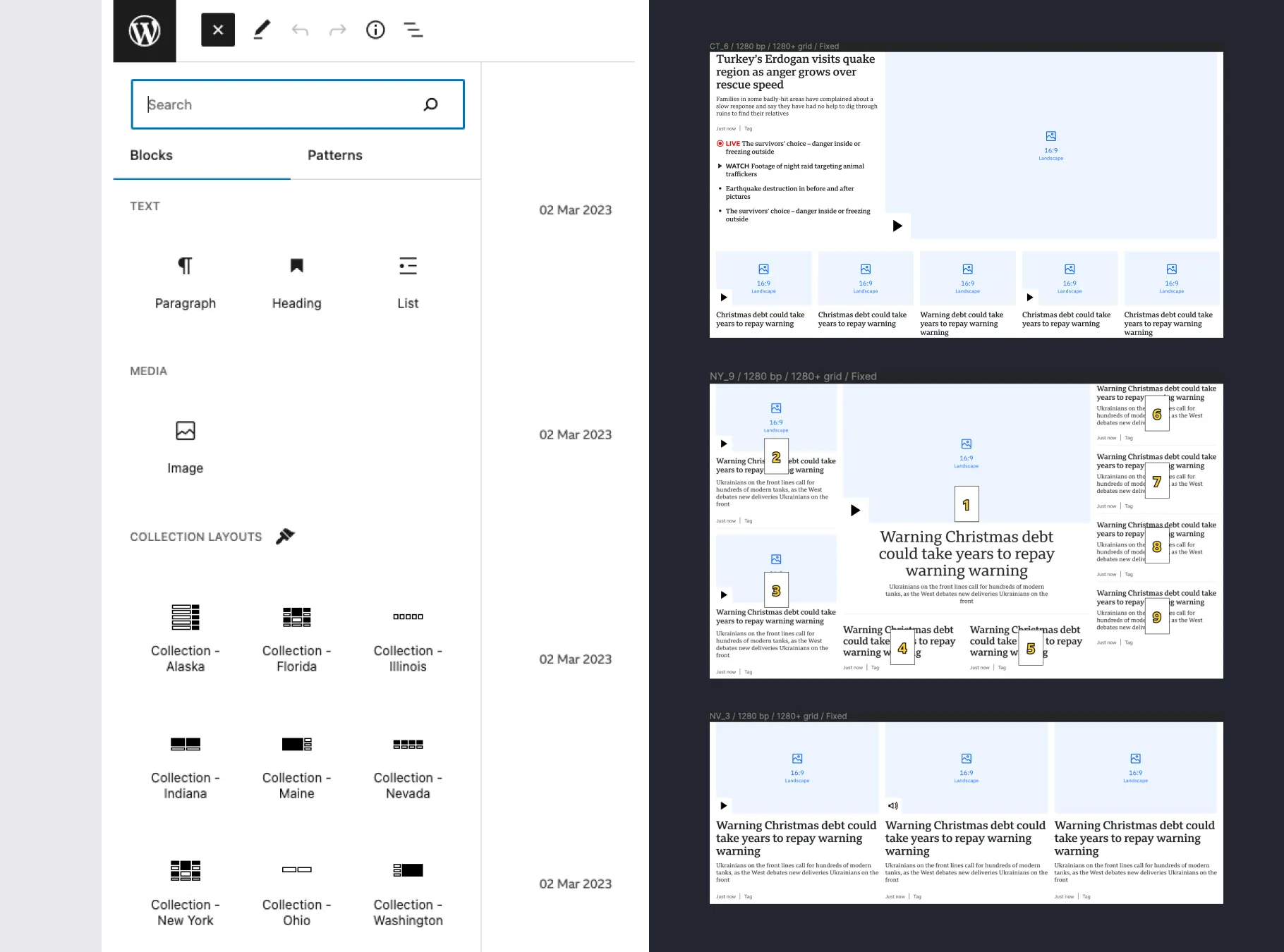 The WordPress editor’s collection layouts beside the page grids they produce