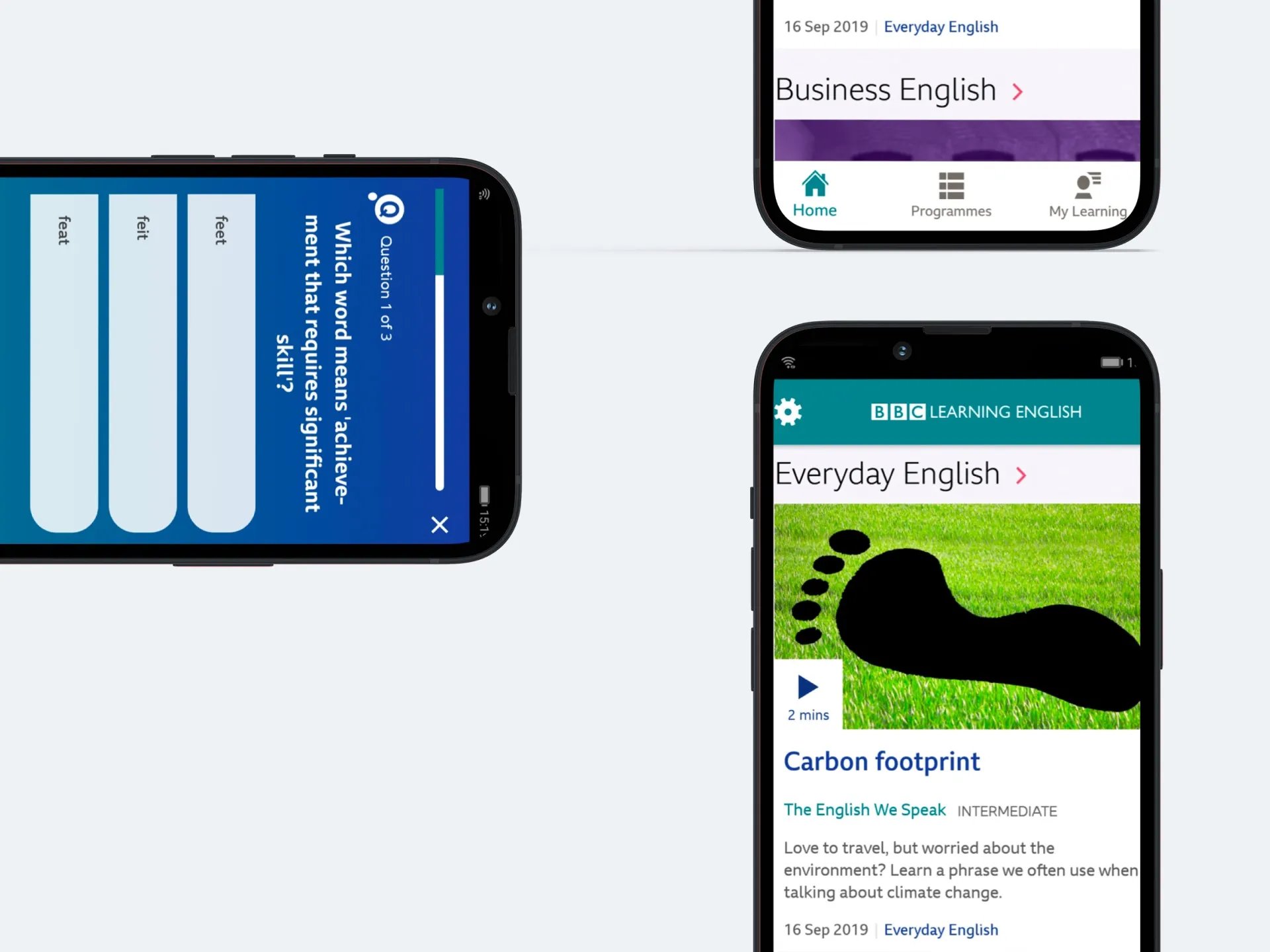 The BBC Learning English app on three phones: a vocabulary quiz, Business English, and an Everyday English lesson on carbon footprint