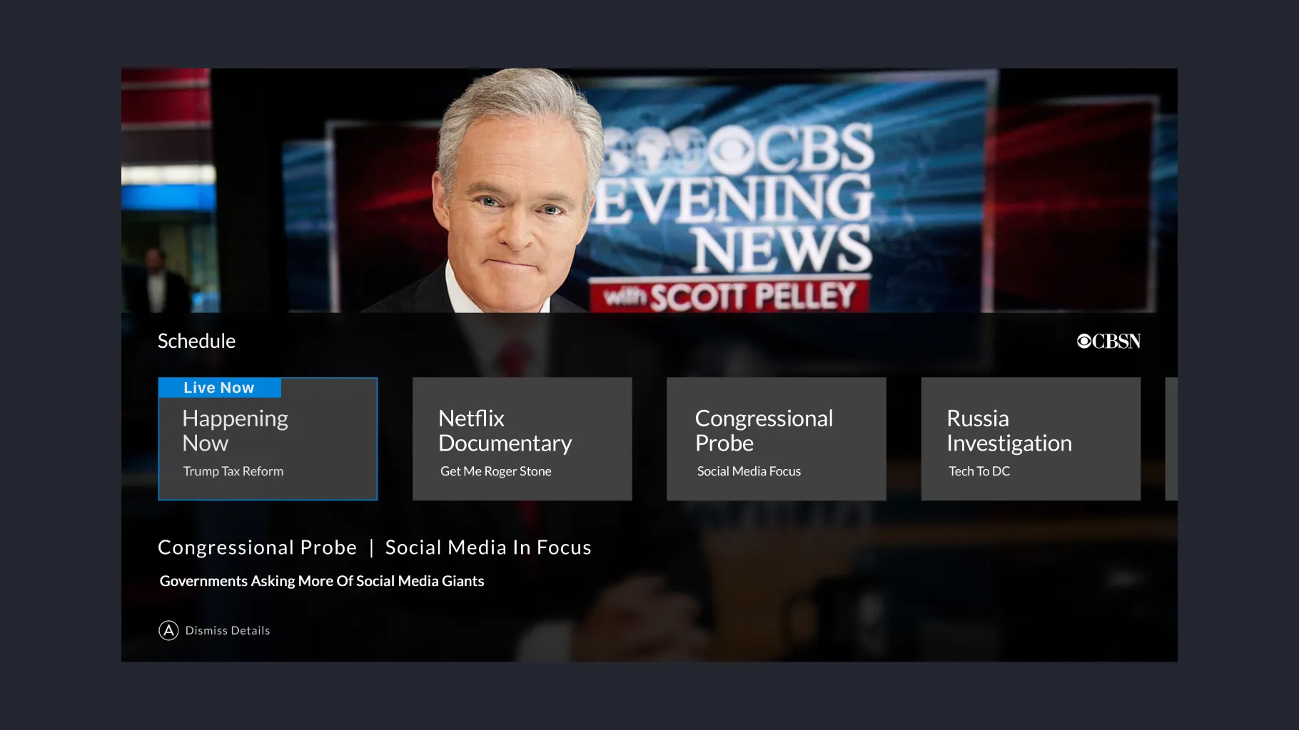 The CBSN schedule on TV, over CBS Evening News with Scott Pelley