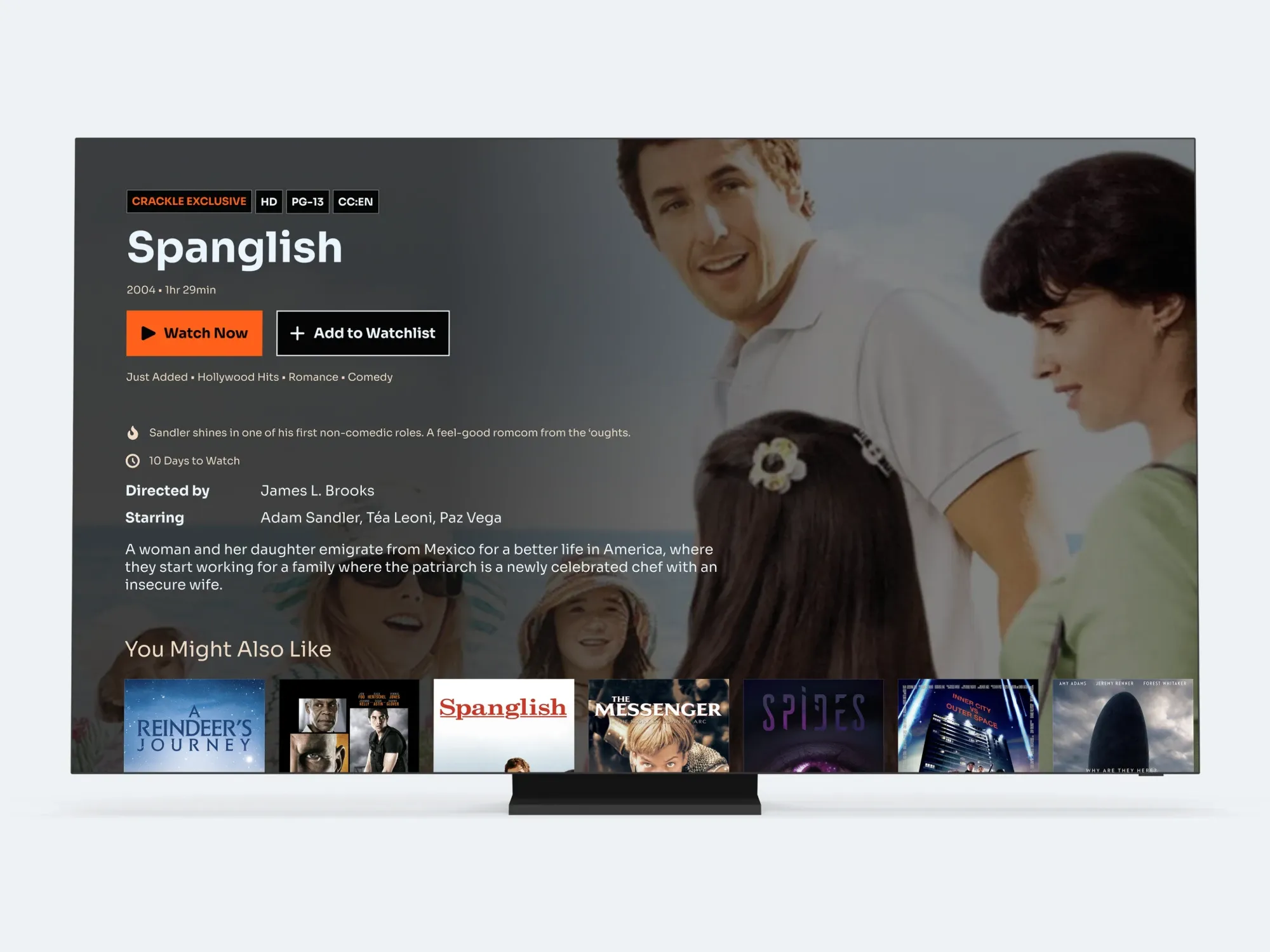 The Crackle app on a television, showing the Spanglish title page with Watch Now and Add to Watchlist buttons above a You Might Also Like row