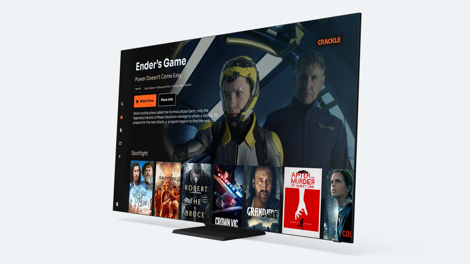 The Crackle app on a television, featuring Ender’s Game with Watch Now and More Info buttons above a Spotlight row