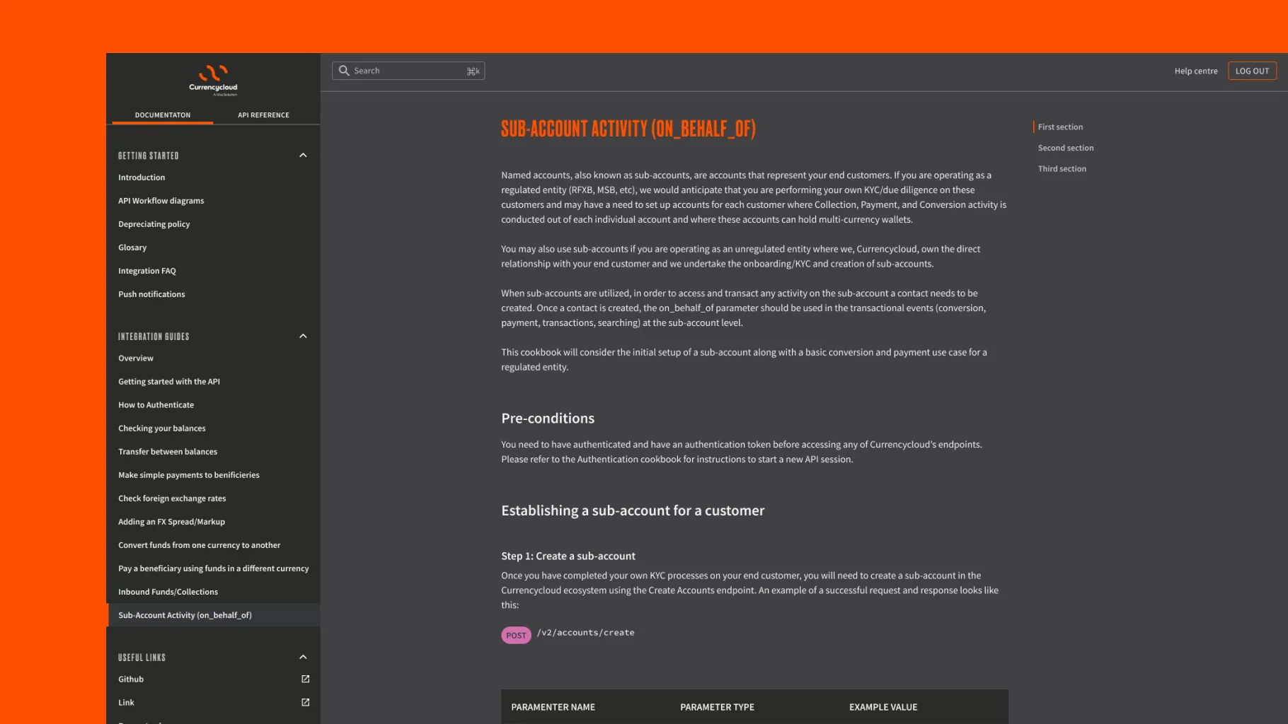 The Developer Centre on desktop, showing a sub-account activity guide with the documentation navigation on the left