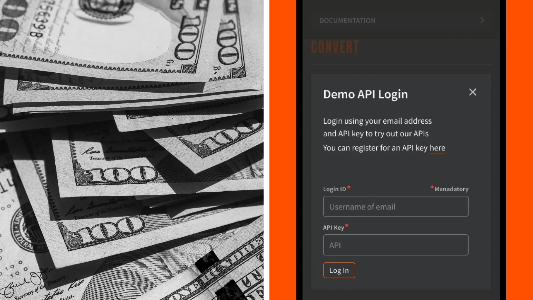 A black and white photo of 100 dollar bills beside the Developer Centre’s demo API login form