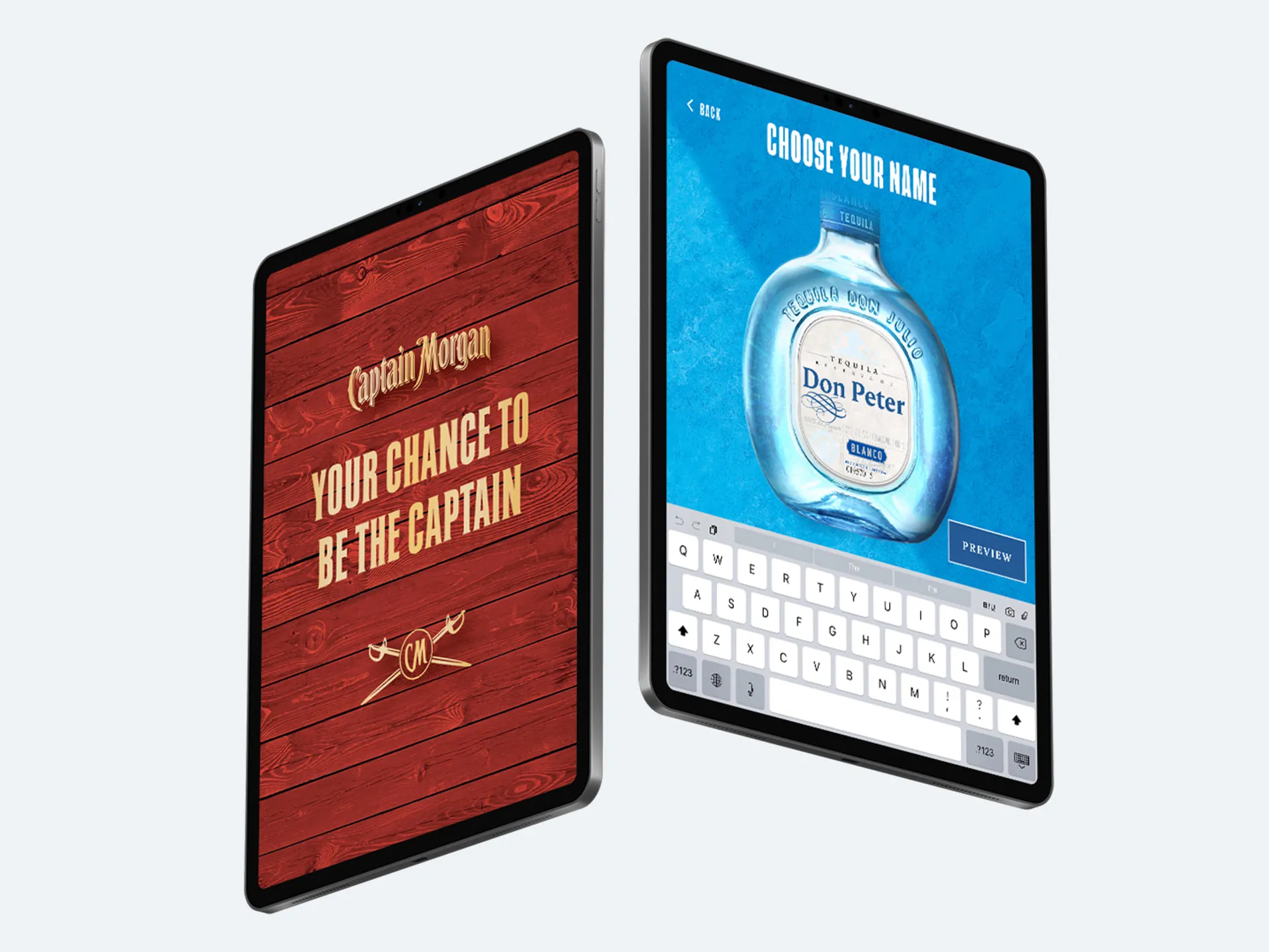 The app on two iPads: the Captain Morgan start screen, and choosing your name for a Don Julio label