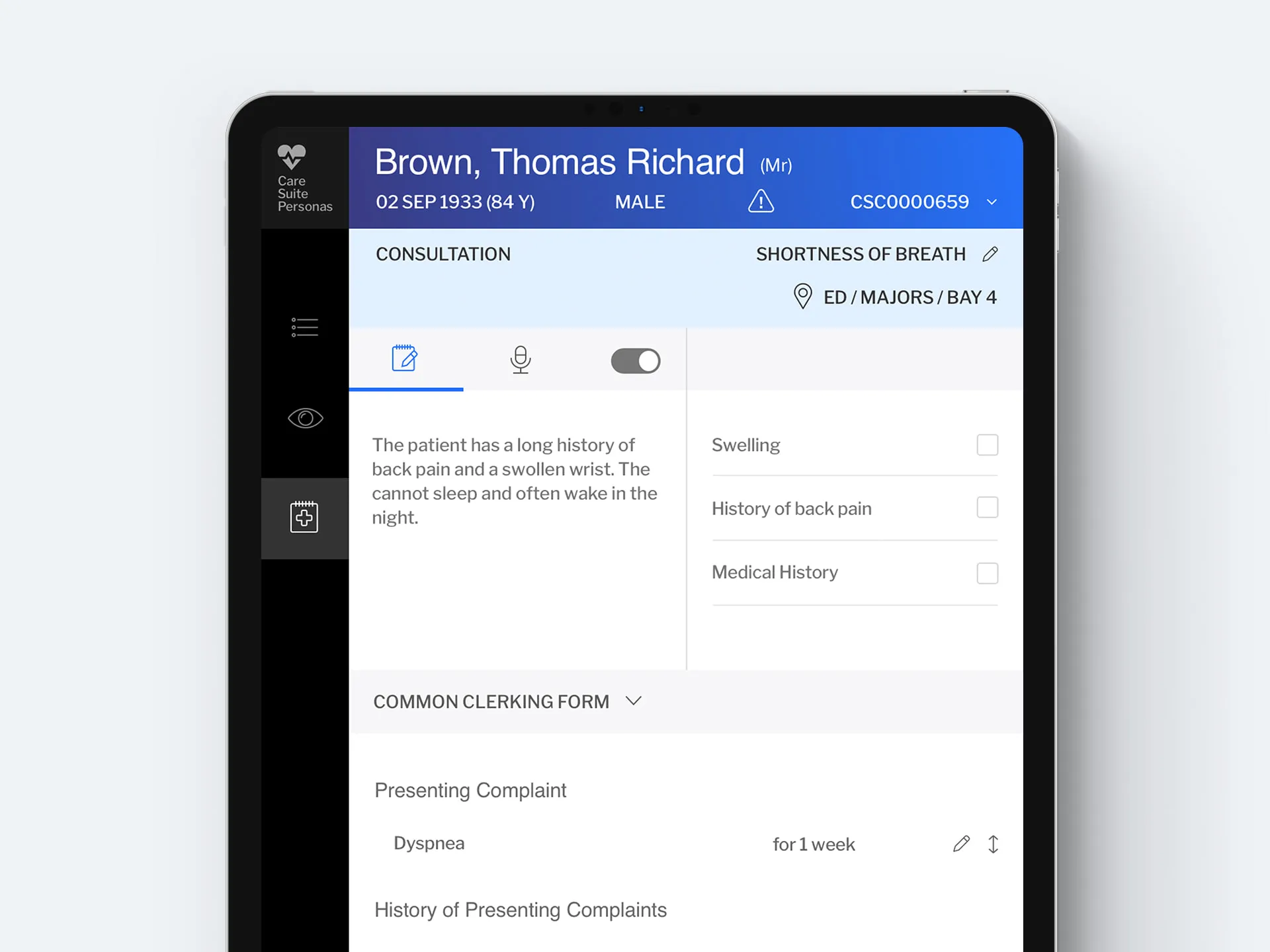 The electronic medical record on a tablet: a consultation for a patient with shortness of breath, with notes and a clerking form