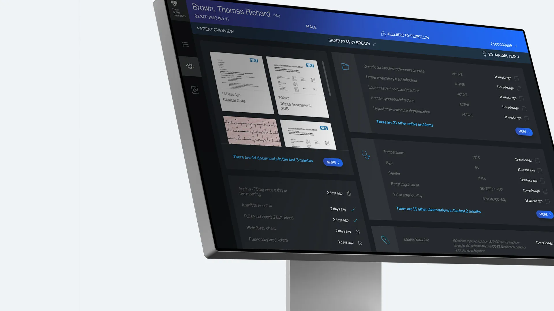The electronic medical record’s patient overview on a monitor, in dark mode: documents, active problems, observations and medication
