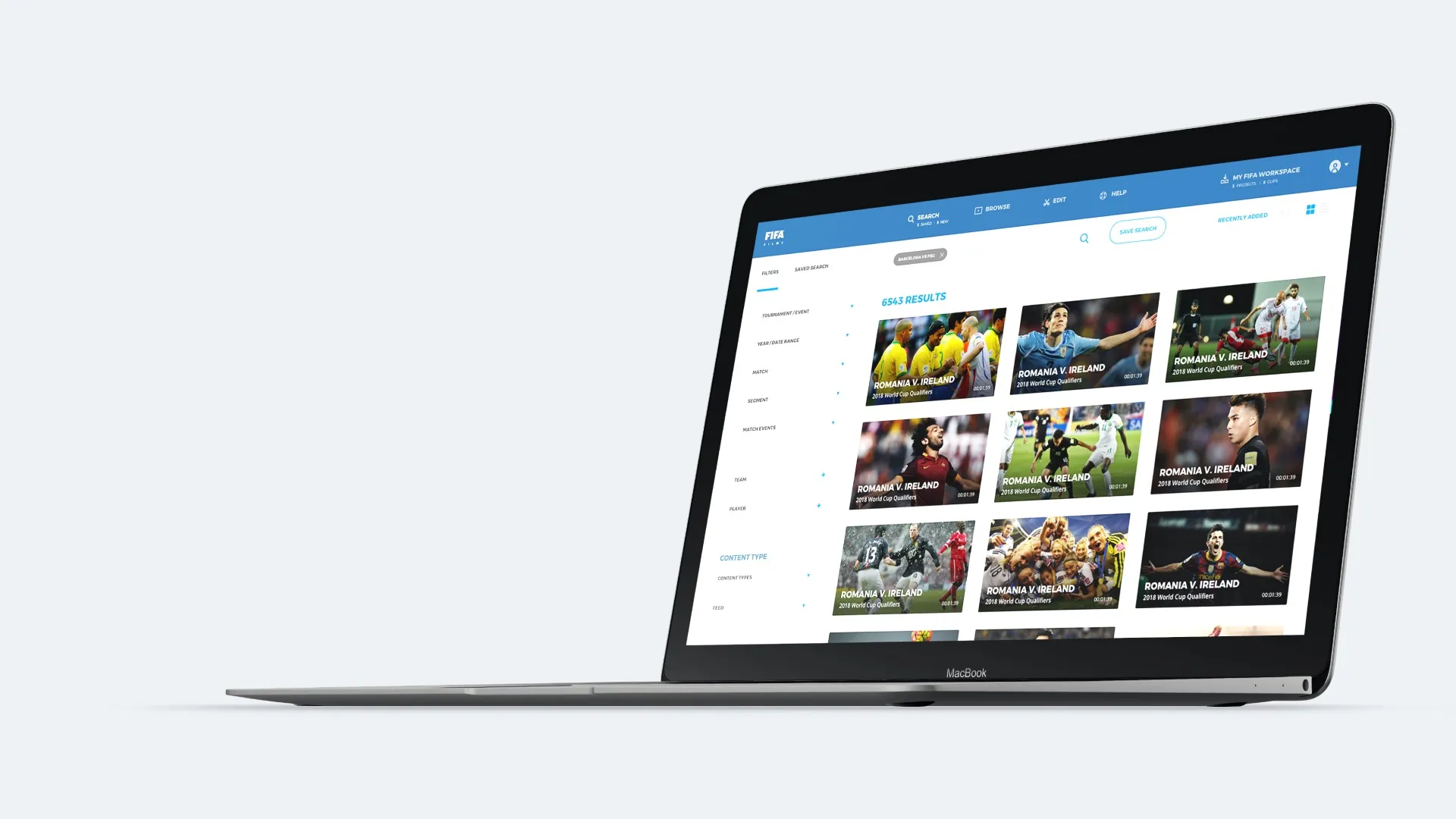 The FIFA archive on a laptop: a grid of search results for match clips, with filters on the left
