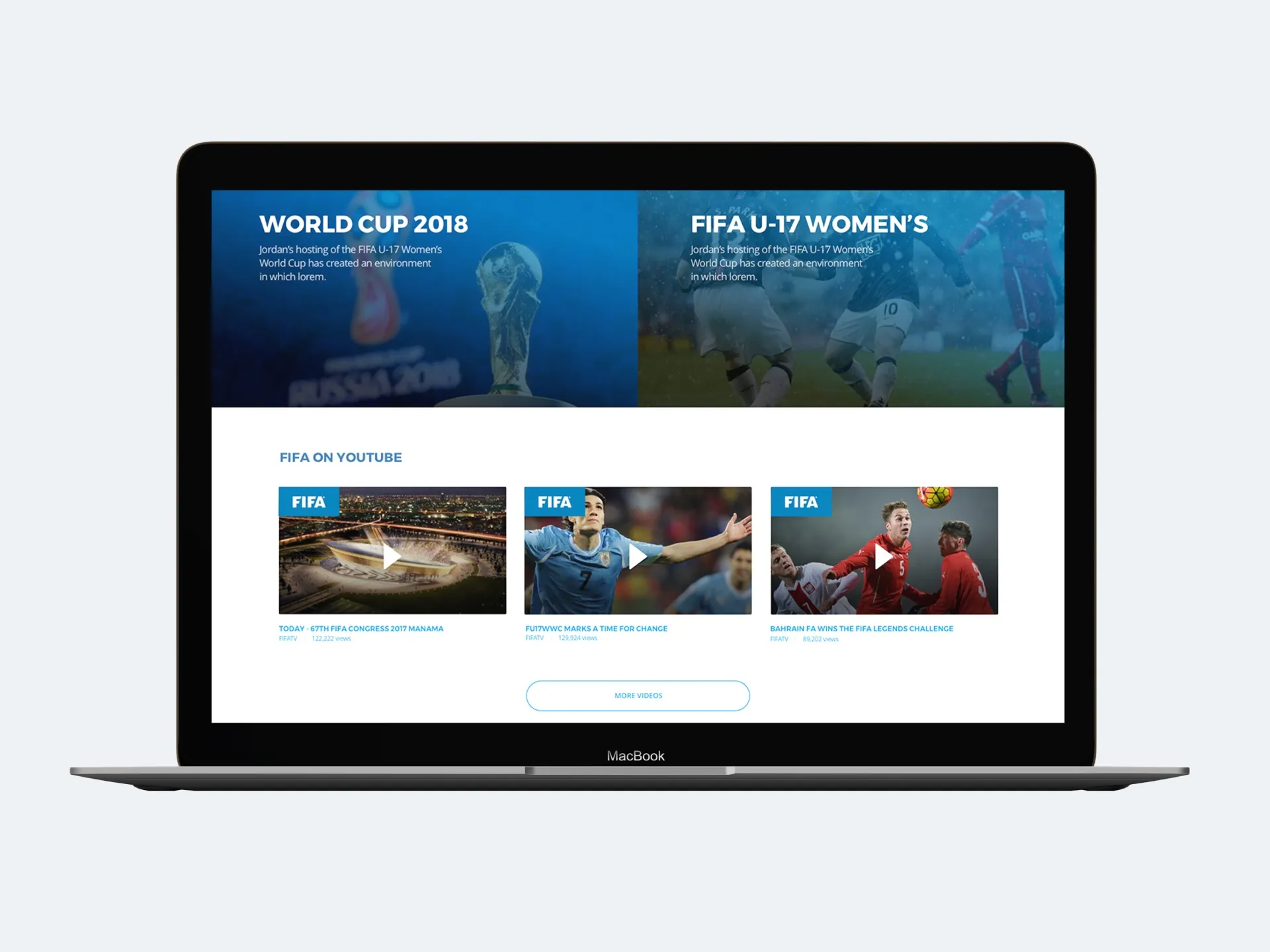 A FIFA web page on a laptop, with World Cup 2018 and FIFA U-17 Women’s panels above FIFA on YouTube videos