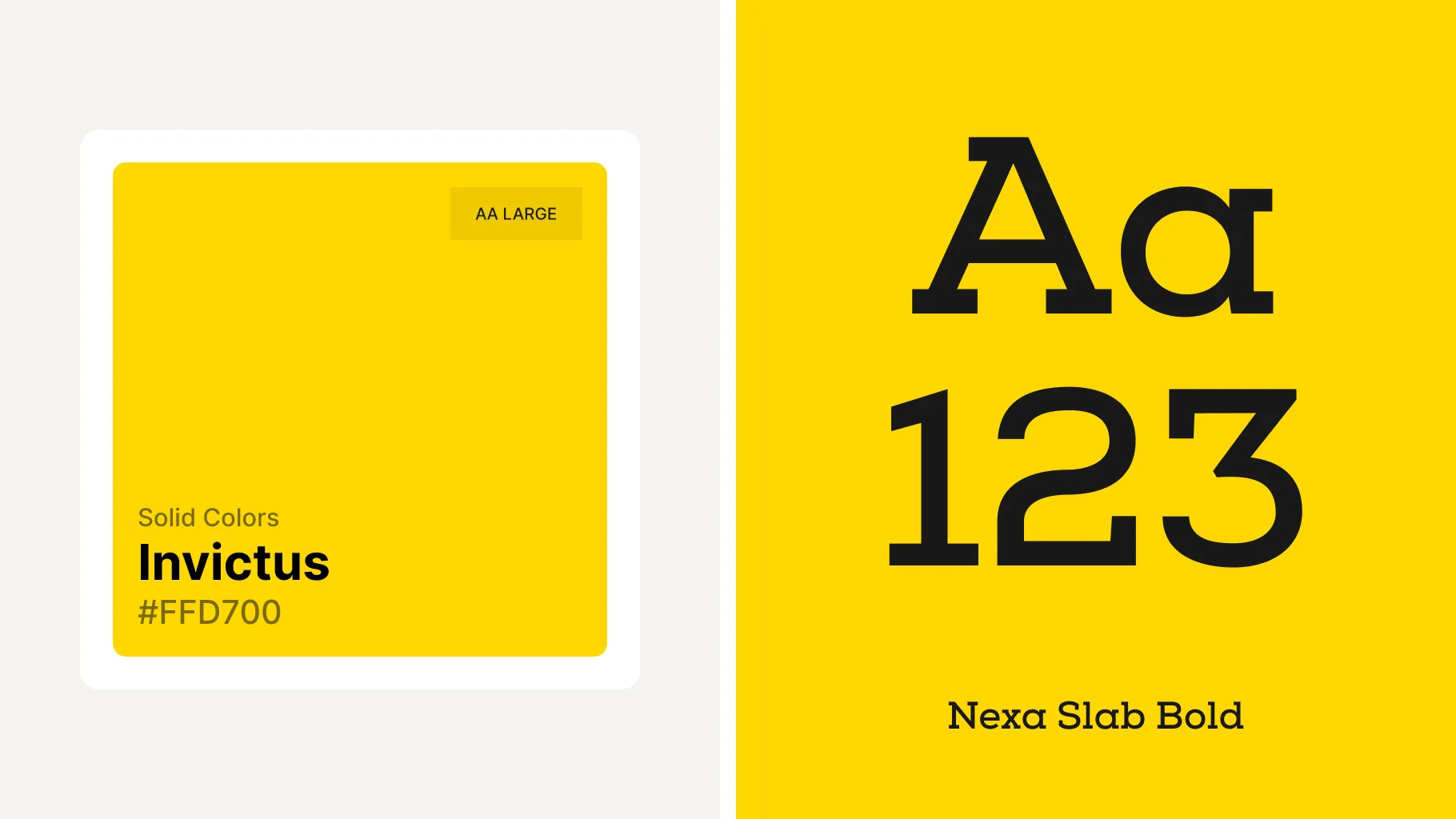 The app’s brand basics: Invictus yellow #FFD700, rated AA Large, and the Nexa Slab Bold typeface