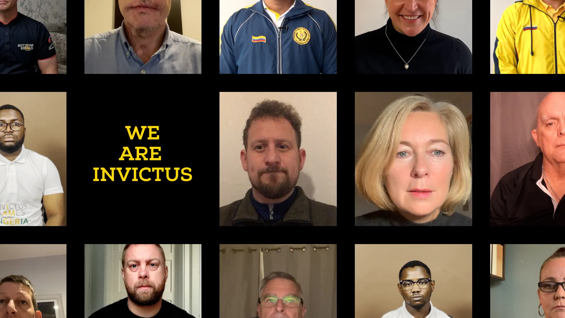 A grid of We Are Invictus members on video, with WE ARE INVICTUS in yellow in the middle