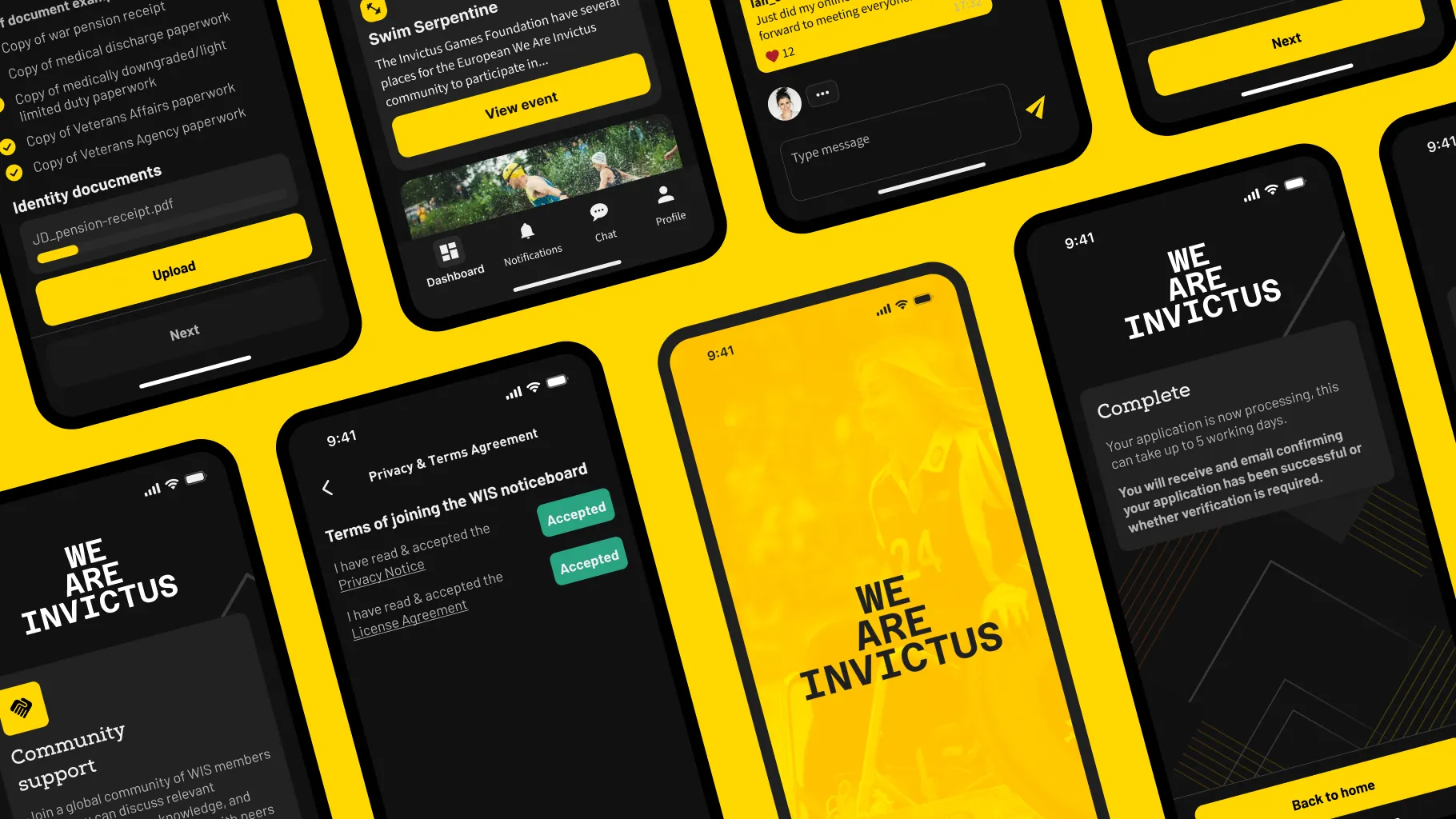 We Are Invictus screens on phones laid on yellow: document upload, an event, chat, the terms, the splash screen and sign-up complete