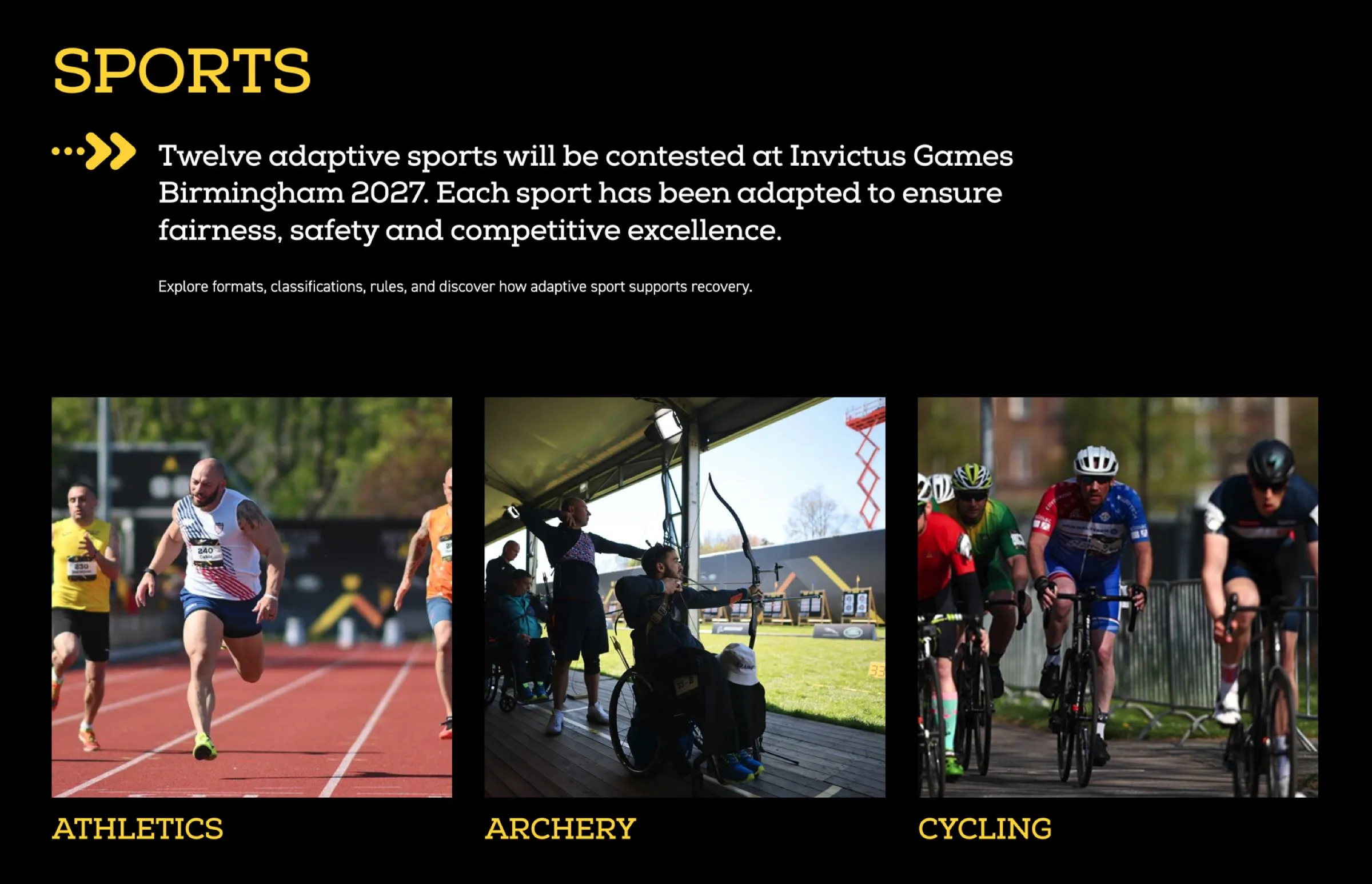 The website’s Sports section: twelve adaptive sports, with athletics, archery and cycling shown