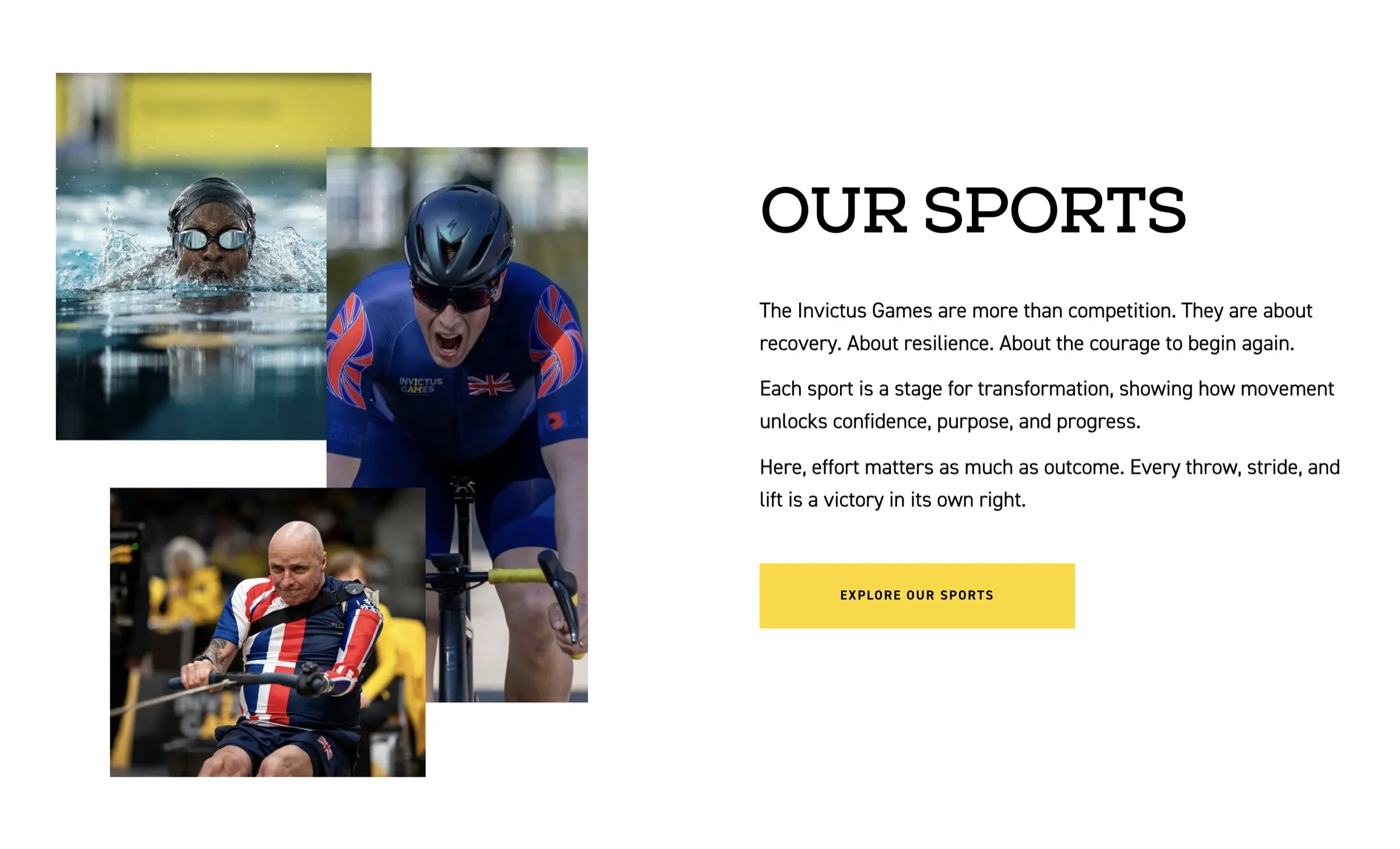 The website’s Our Sports panel: photos of a swimmer, a cyclist and a rower beside the text and an Explore our sports button