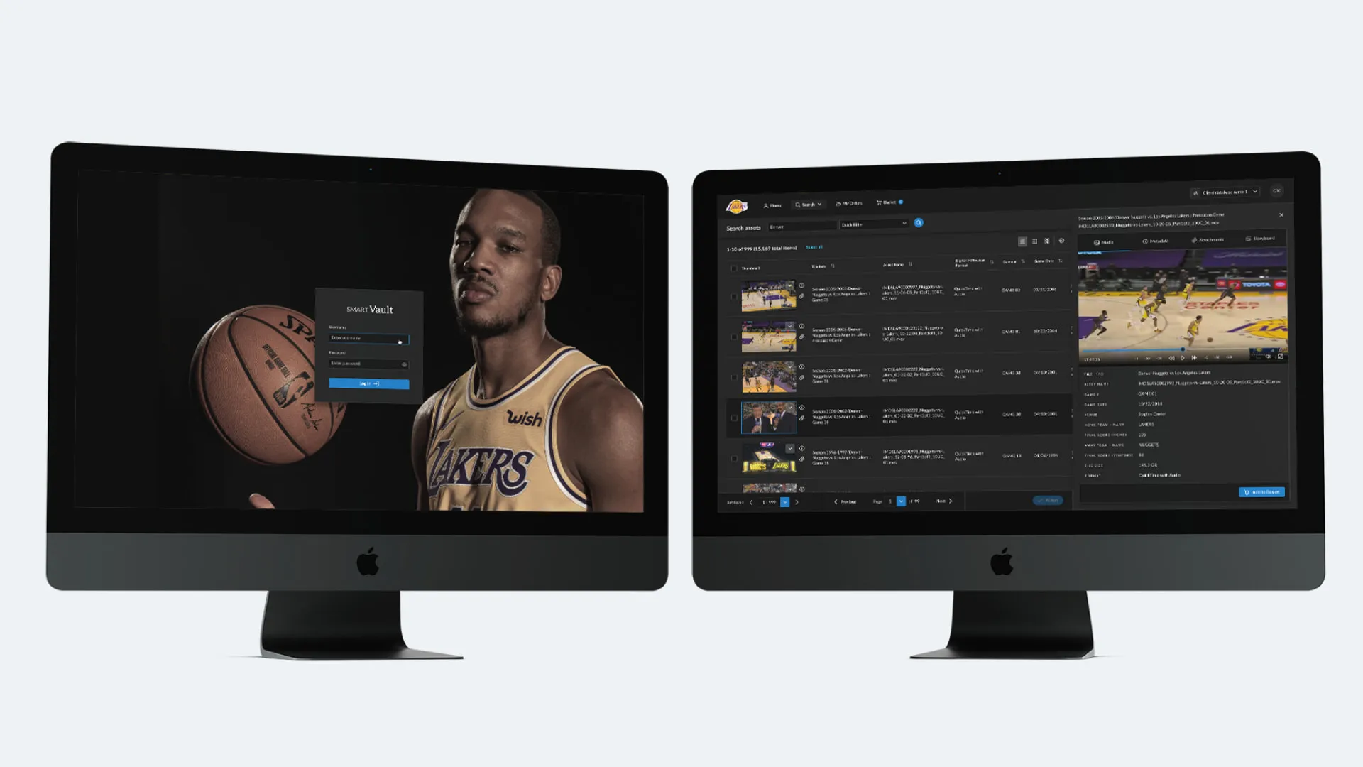 Smart Vault on two desktops: the sign-in screen over a Lakers player, and a search of game footage with a clip playing