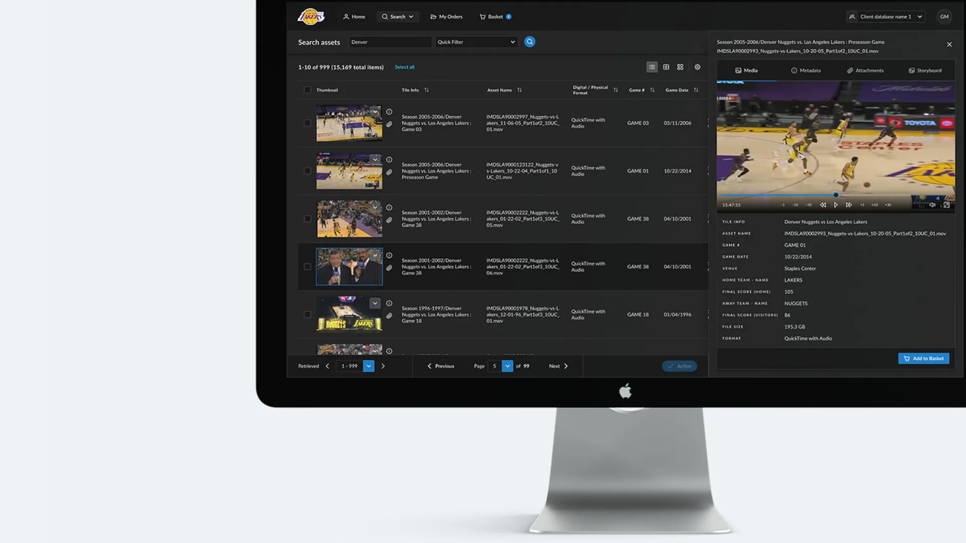 Smart Vault on a desktop: search results for Denver Nuggets v Los Angeles Lakers games, with one clip’s details open