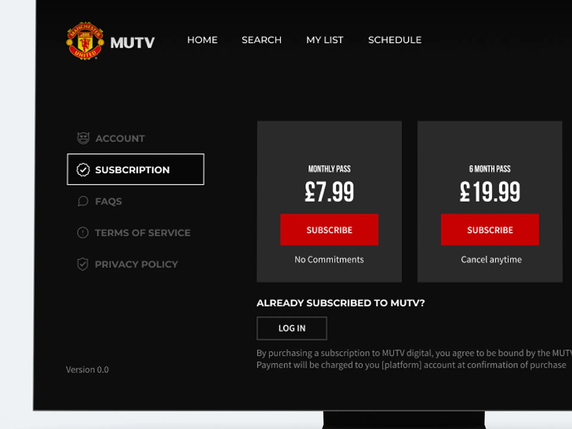 MUTV’s subscription screen on TV: a £7.99 monthly pass and a £19.99 six-month pass