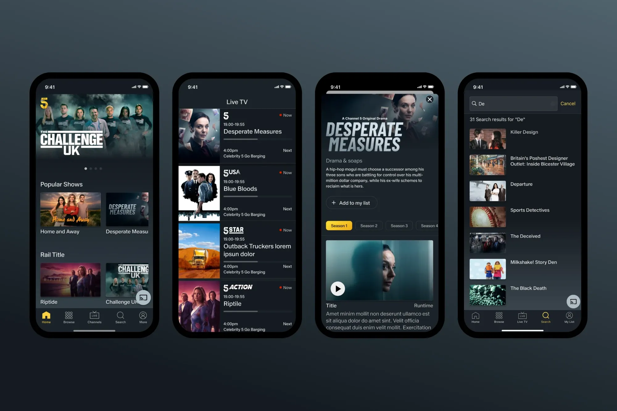 The My5 app on four phones: the home screen, Live TV across Channel 5, 5USA, 5Star and 5Action, a programme page for Desperate Measures, and search results