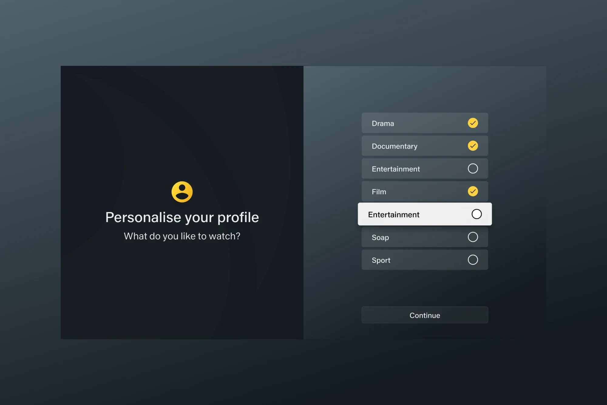 My5’s Personalise your profile screen, asking what you like to watch, with genres such as Drama, Documentary and Film to tick