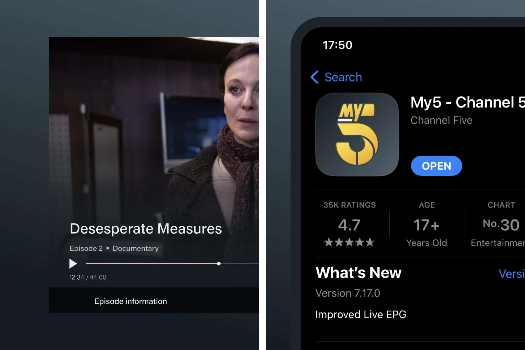 An episode playing in the My5 player, beside the My5 app on the App Store with a 4.7 rating from 35,000 ratings