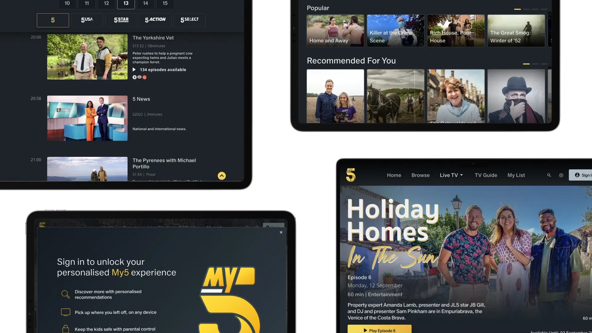 My5 on tablets and a laptop, showing the TV guide, recommendations, a sign-in prompt and an episode of Holiday Homes in the Sun