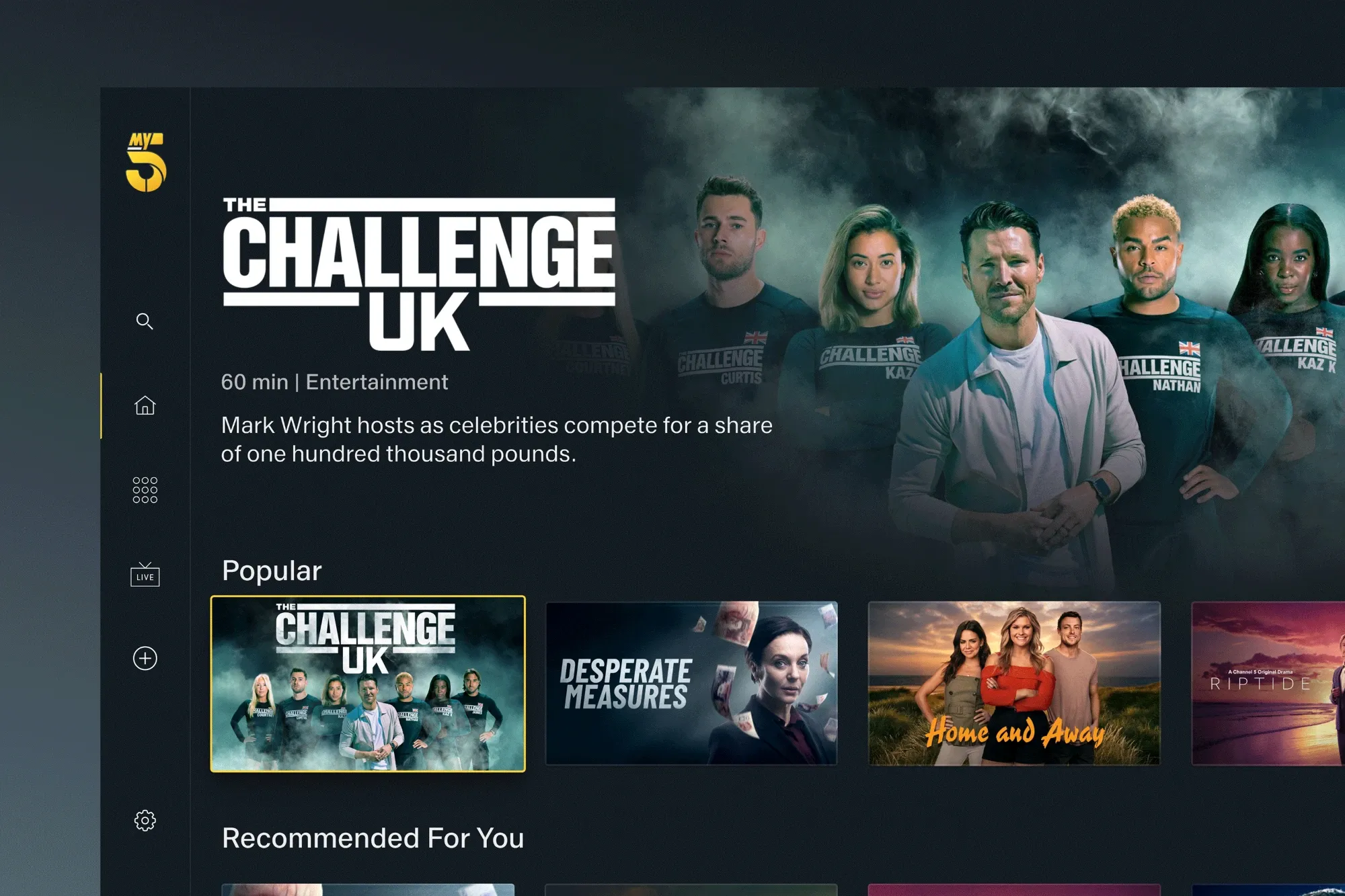 My5 on a television, featuring The Challenge UK above a Popular row with Desperate Measures, Home and Away and Riptide