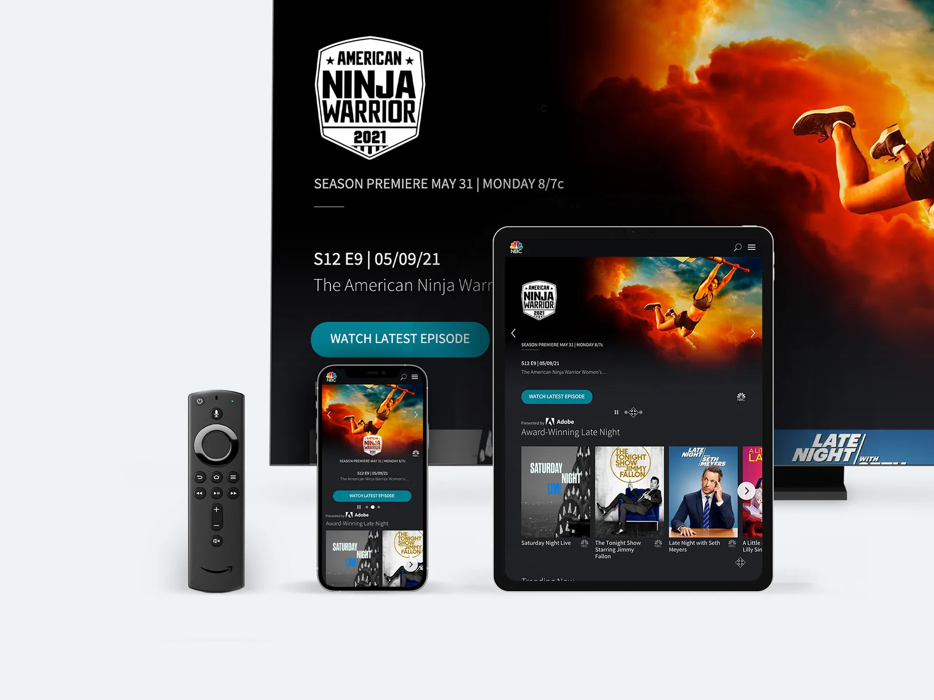 The NBC app on a TV, tablet and phone with a Fire TV remote, featuring American Ninja Warrior