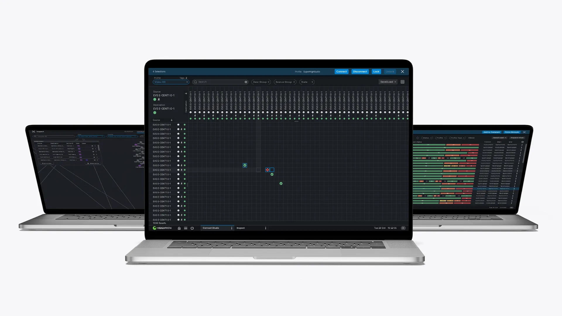 VideoIPath on three laptops, with the Connect Studio routing matrix on the one in front