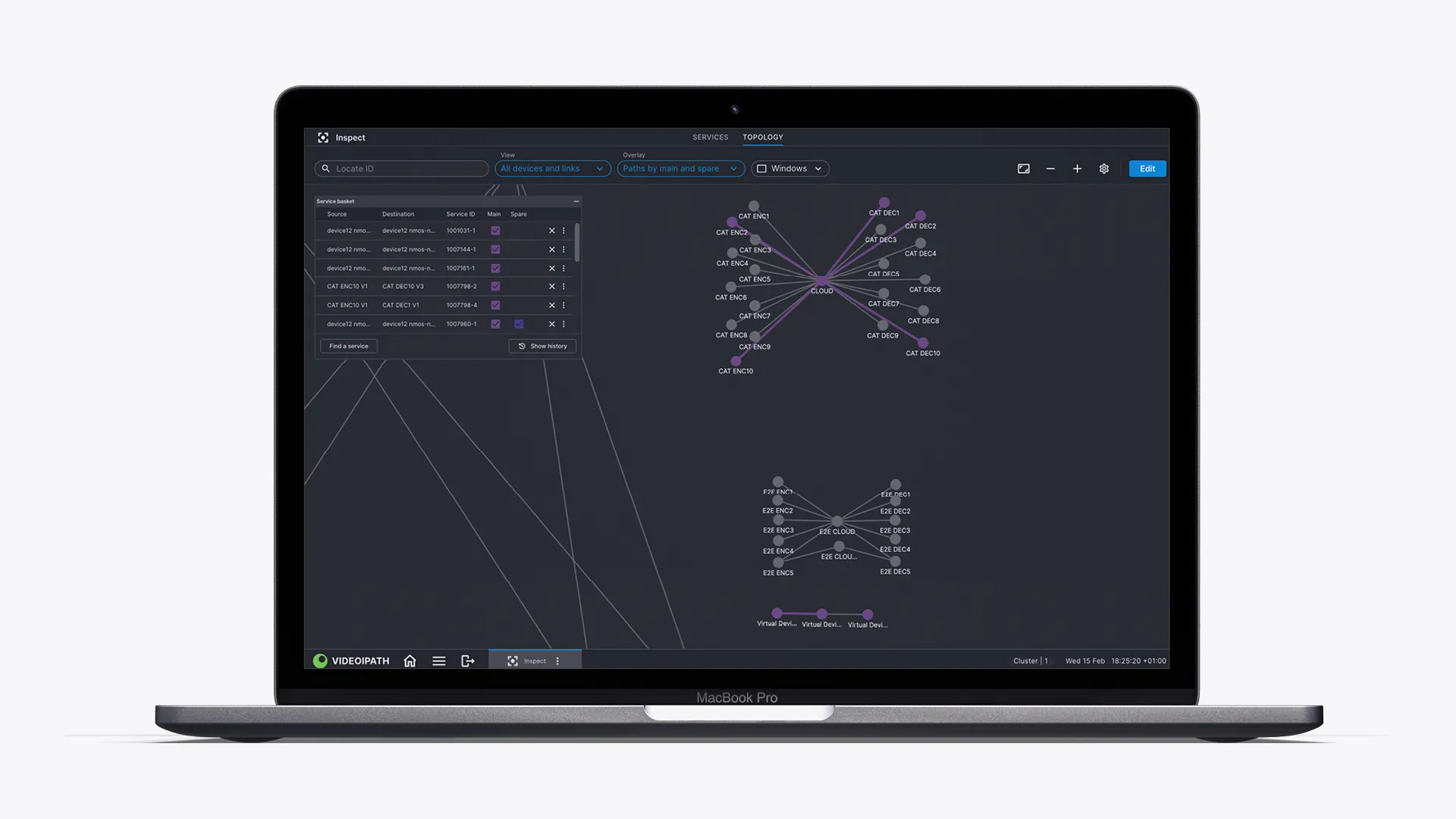The Inspect topology on a laptop: devices and the links between them, with a list of service paths