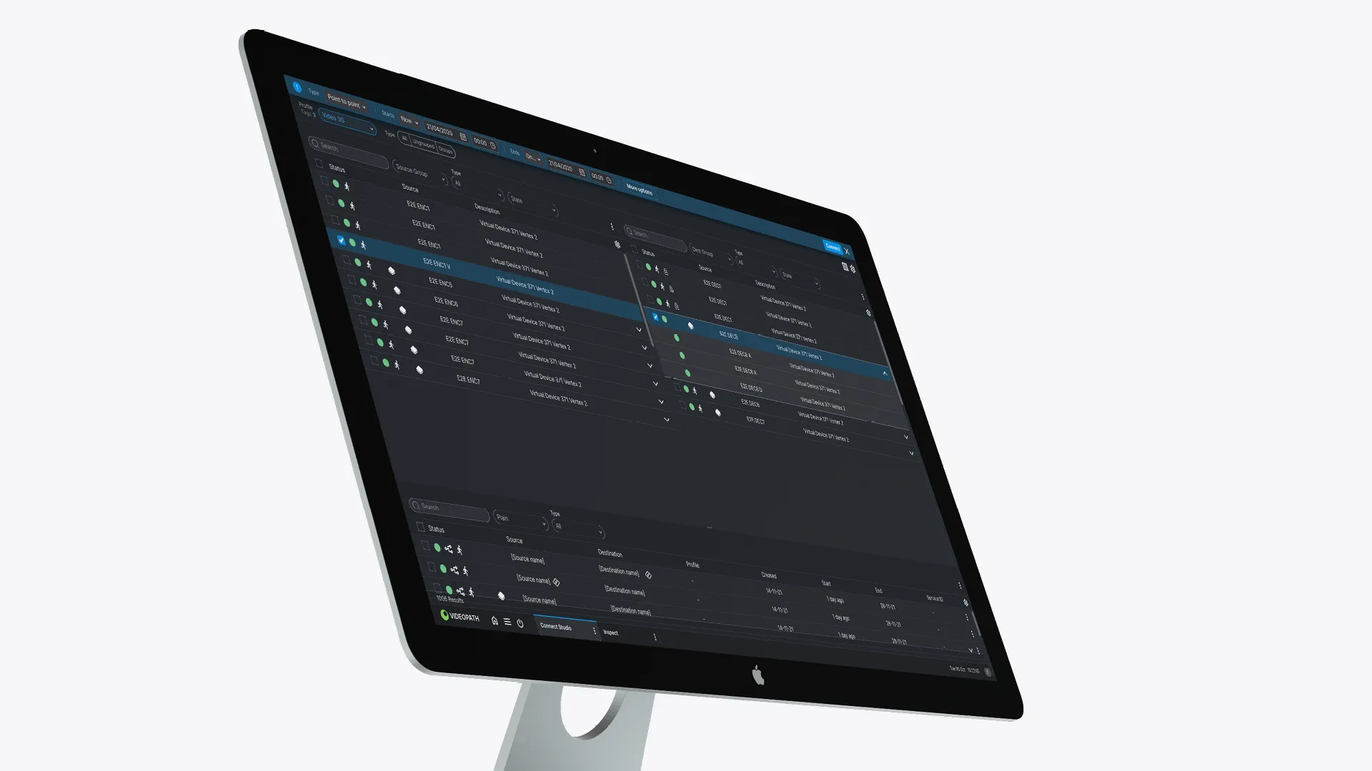 VideoIPath on a desktop: source and destination lists for setting up a service