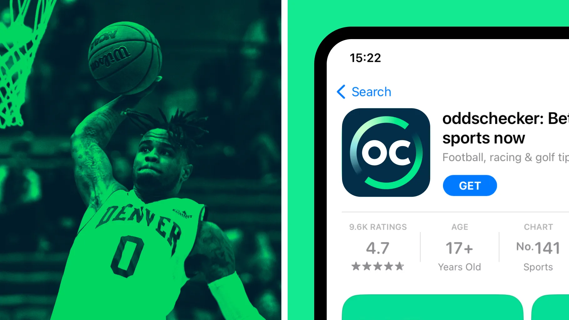 A basketball player going up for a dunk in a green tint, beside the oddschecker app on the App Store, rated 4.7