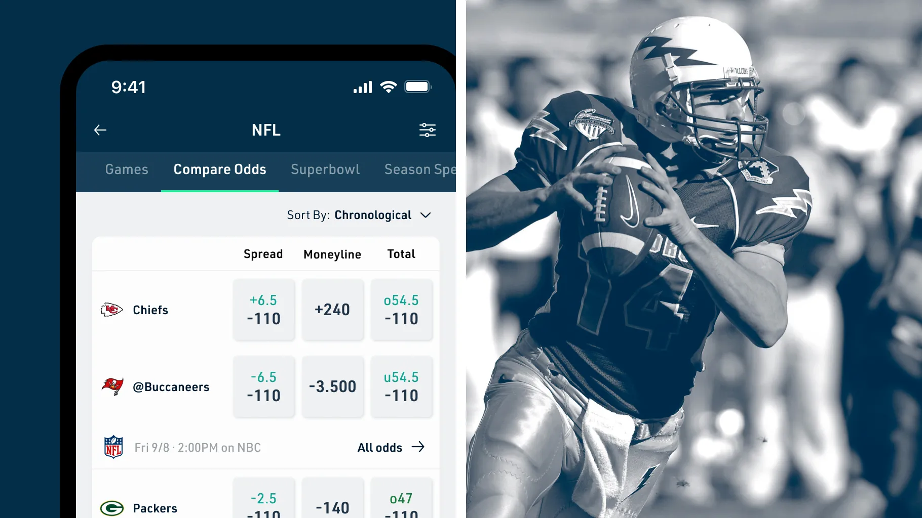 The oddschecker app comparing NFL odds (spread, moneyline and total) for the Chiefs and the Buccaneers, beside a quarterback about to throw