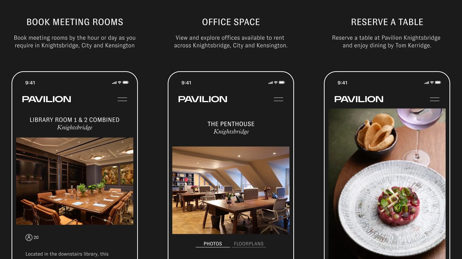 Three Pavilion app screens: booking a meeting room, viewing office space to rent, and reserving a table for dining by Tom Kerridge