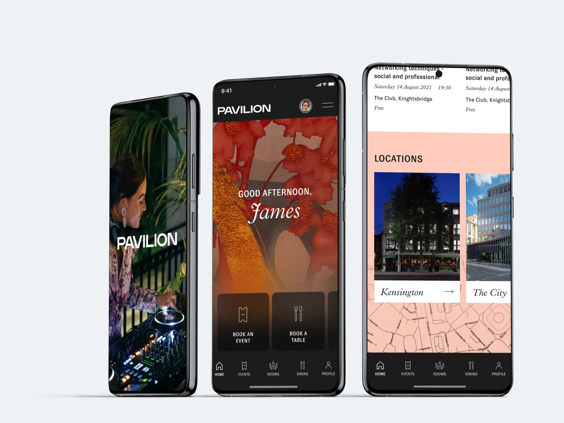The Pavilion app on three phones: the splash screen, a member’s home screen with Book an Event and Book a Table, and the clubhouse locations