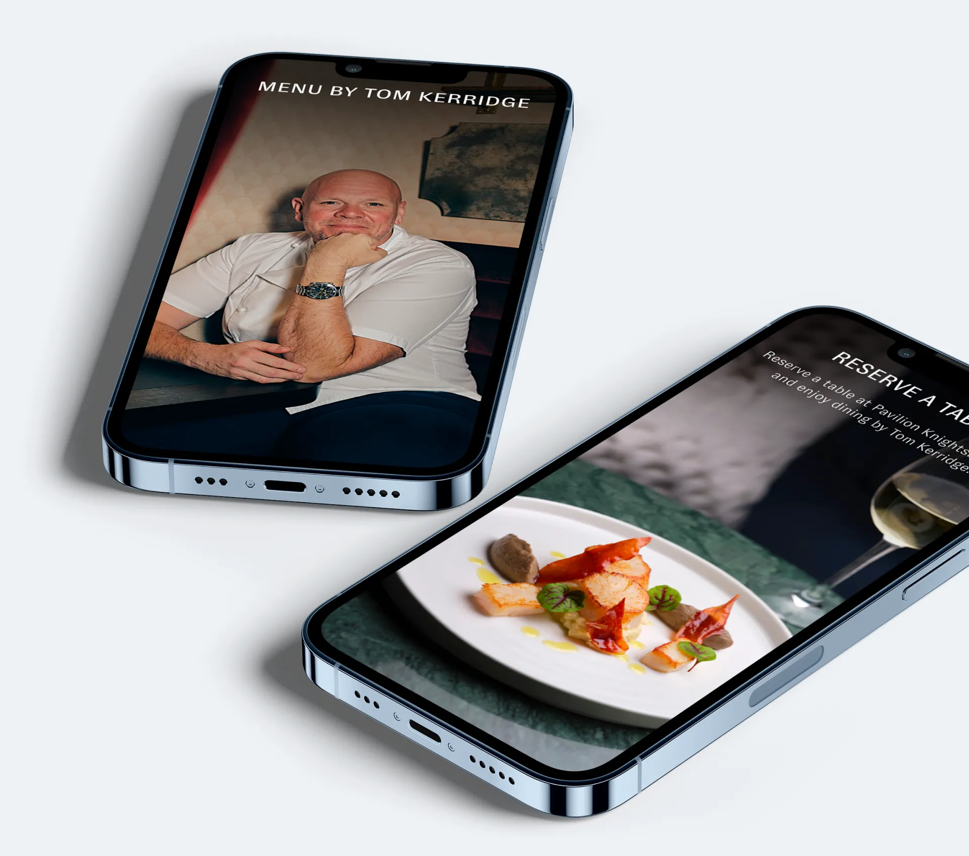 Two phones showing the menu by Tom Kerridge and reserving a table at Pavilion Knightsbridge