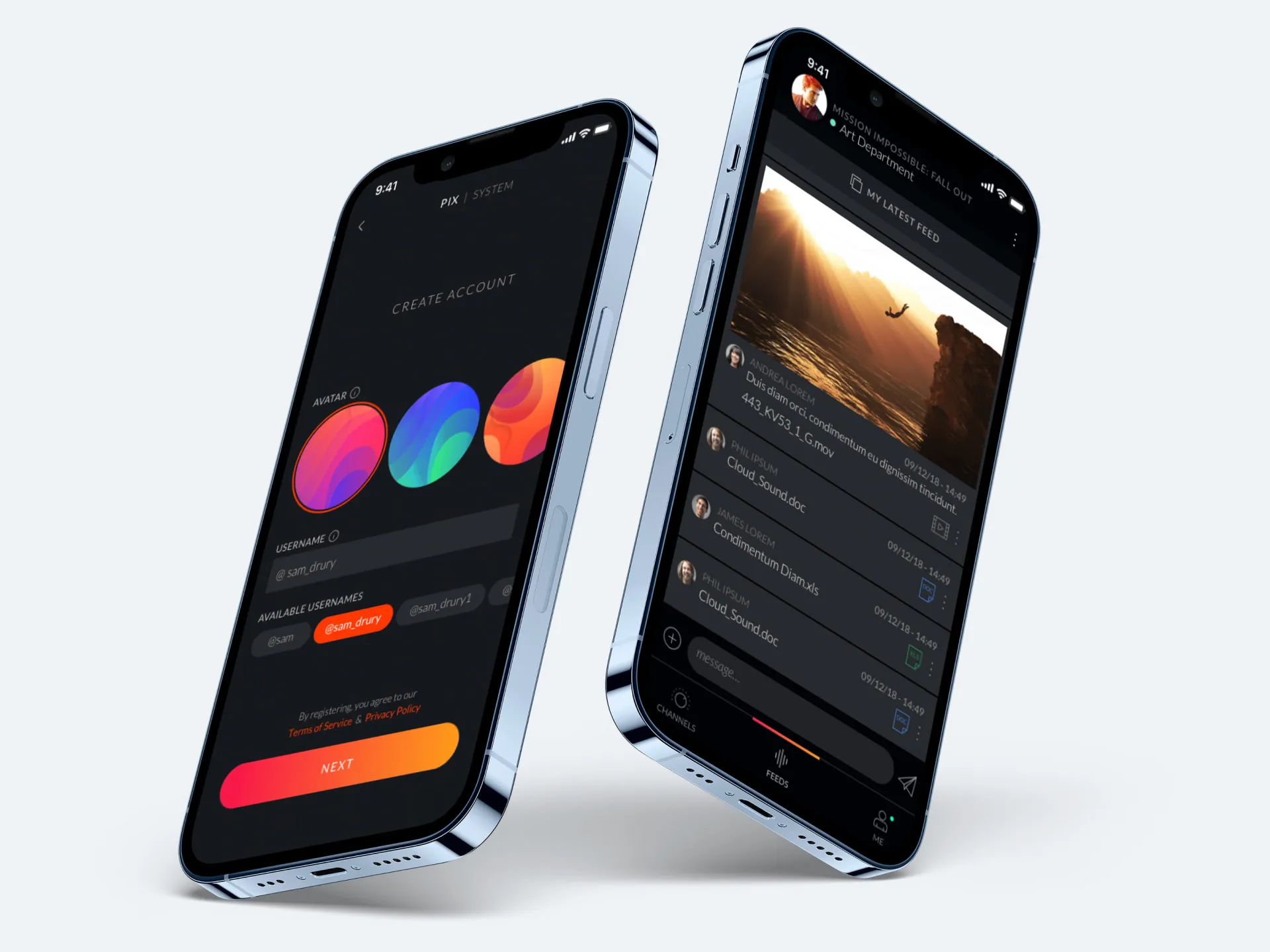 The Pix iOS app on two phones: creating an account with an avatar, and an Art Department feed of files