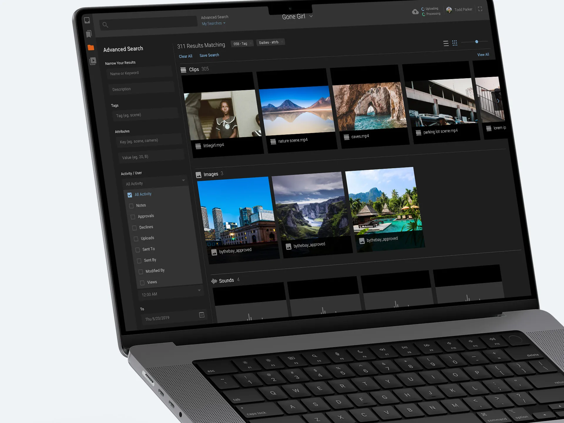 Pix on a laptop: an advanced search for Gone Girl, with matching clips, images and sounds