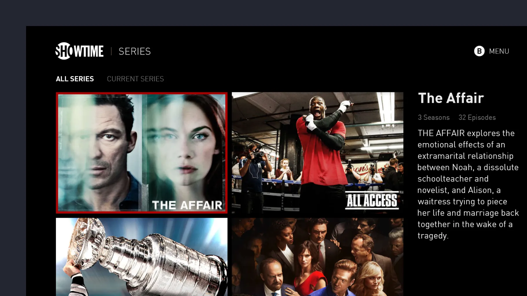 The Showtime TV app’s Series screen, with The Affair selected beside its description
