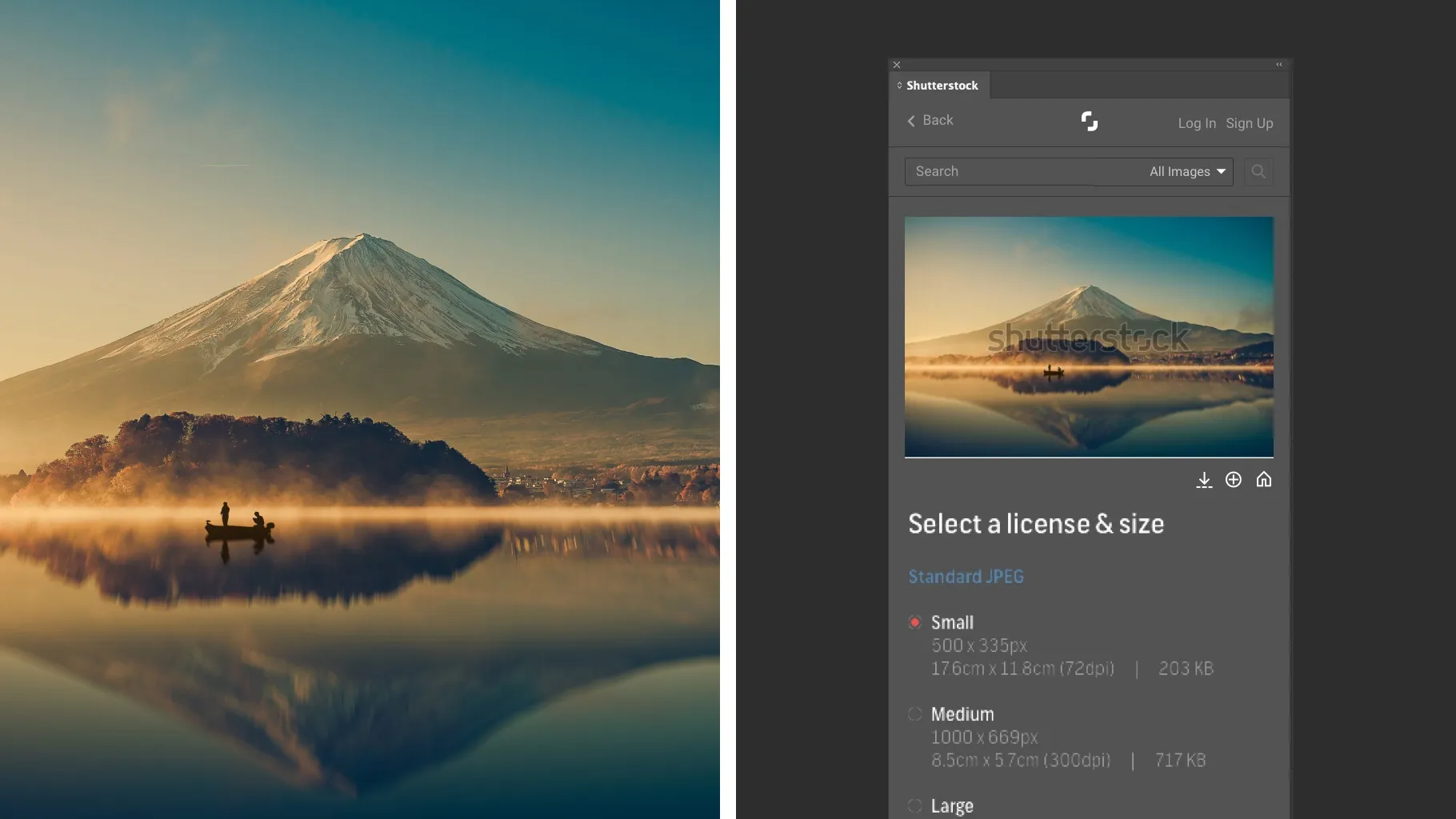 Mount Fuji at sunrise, beside the plugin’s Select a license and size panel