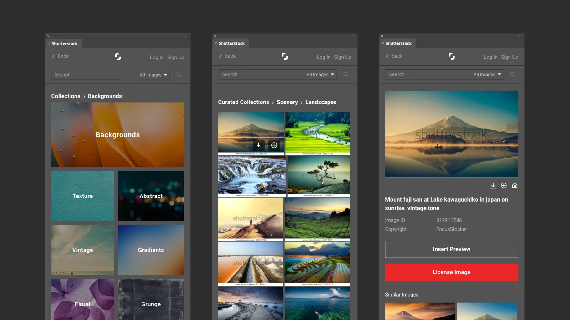 Three steps in the Shutterstock plugin for InDesign: collections, landscapes, and an image’s details with License Image