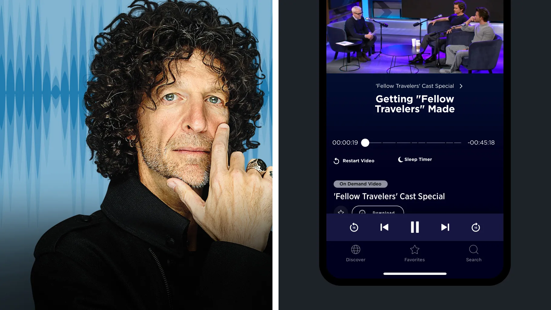 Howard Stern beside the SiriusXM app on a phone, playing an on-demand video